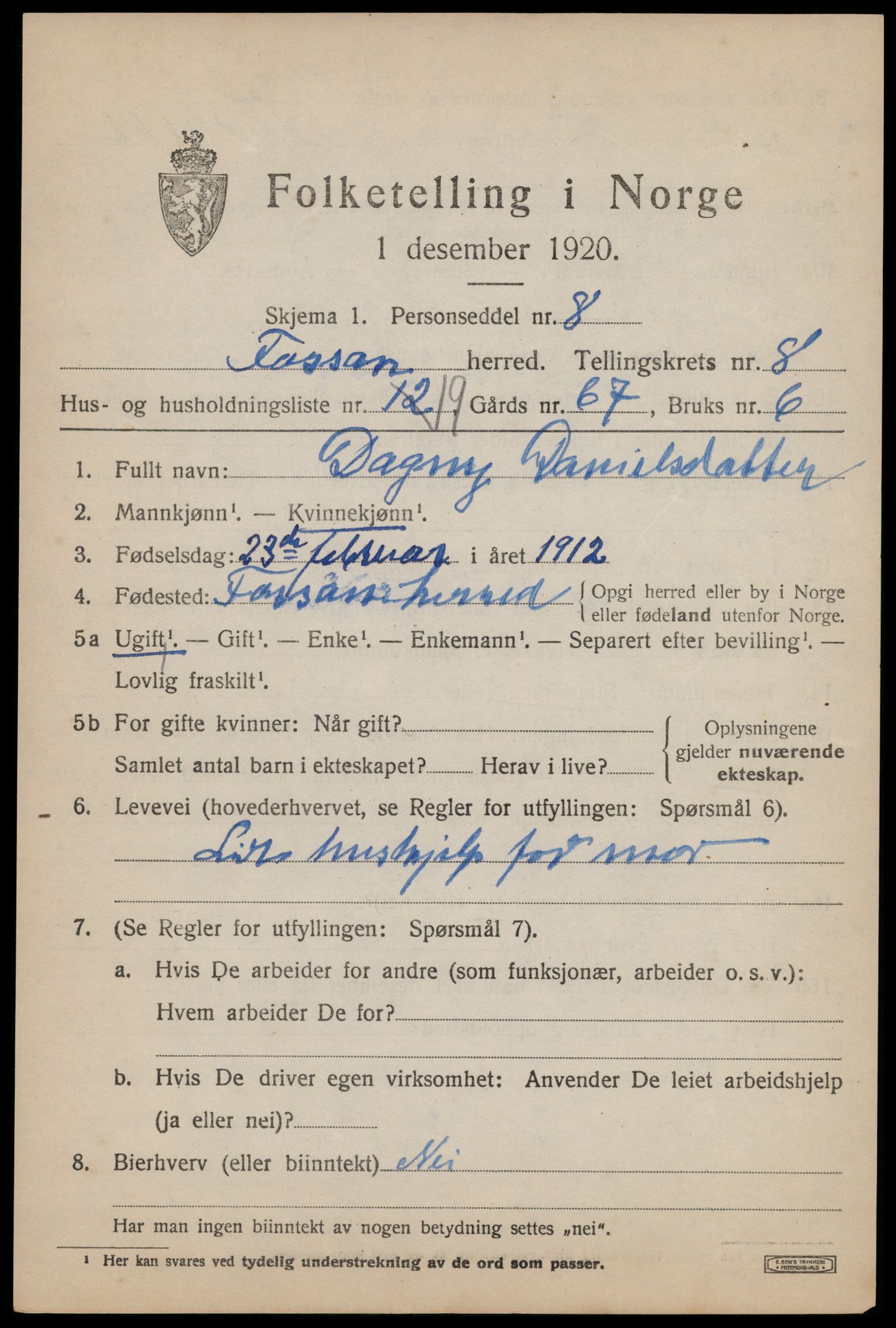 SAST, 1920 census for Forsand, 1920, p. 3971