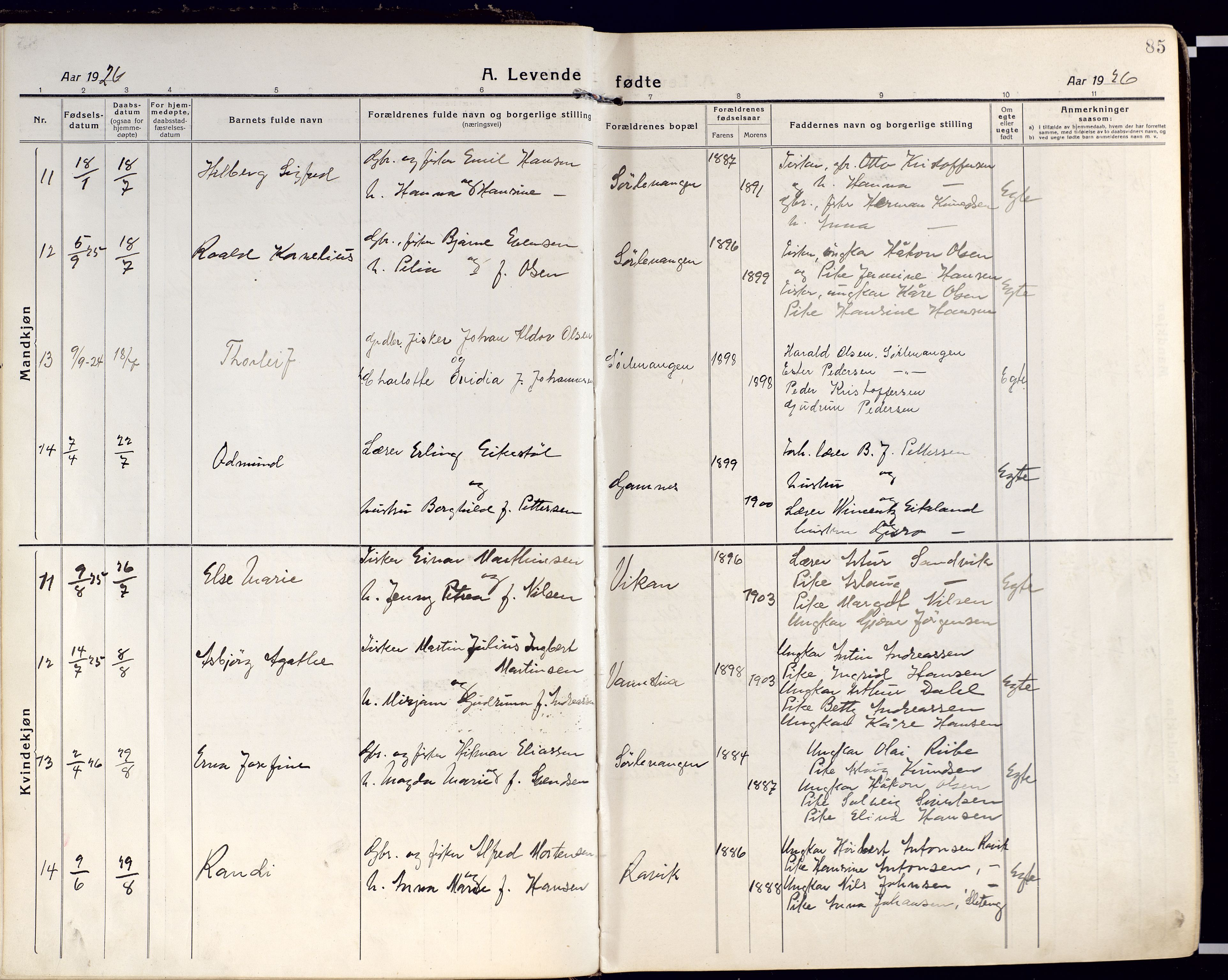 Karlsøy sokneprestembete, AV/SATØ-S-1299/H/Ha/Haa/L0015kirke: Parish register (official) no. 15, 1918-1929, p. 85