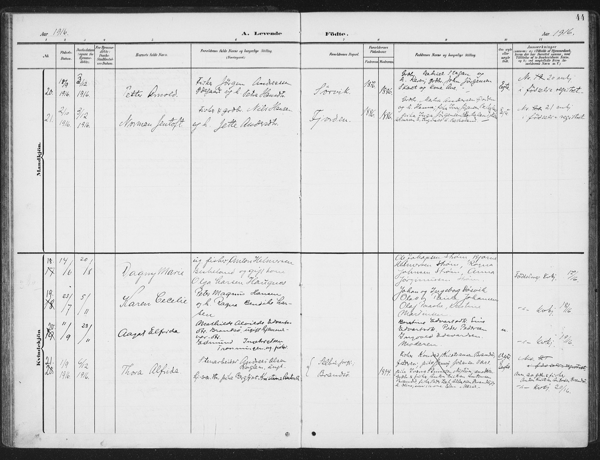 Ministerialprotokoller, klokkerbøker og fødselsregistre - Sør-Trøndelag, SAT/A-1456/657/L0709: Parish register (official) no. 657A10, 1905-1919, p. 44