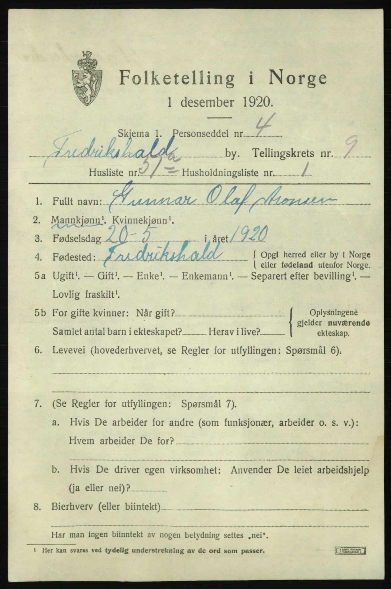 SAO, 1920 census for Fredrikshald, 1920, p. 17123