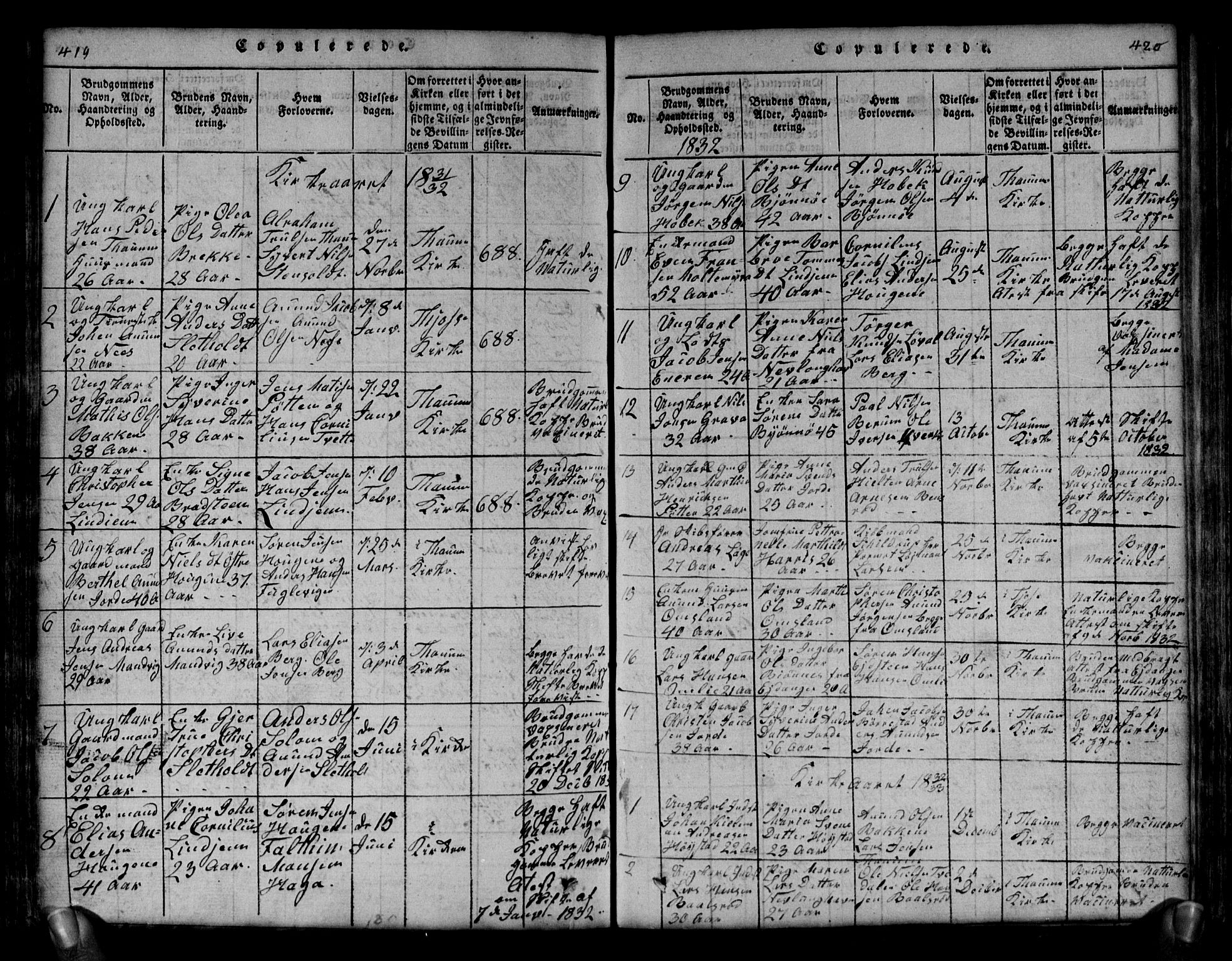 Brunlanes kirkebøker, SAKO/A-342/G/Ga/L0001: Parish register (copy) no. I 1, 1814-1834, p. 419-420