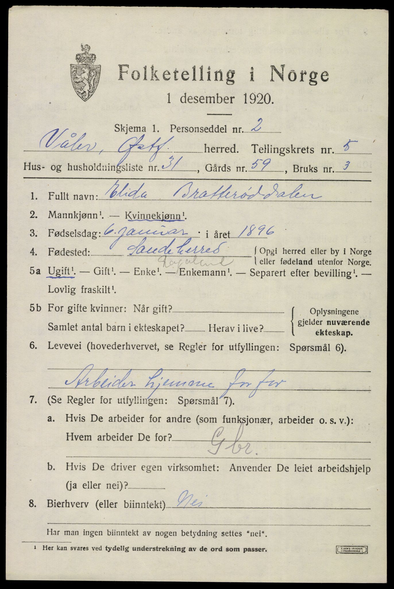 SAO, 1920 census for Våler, 1920, p. 2988