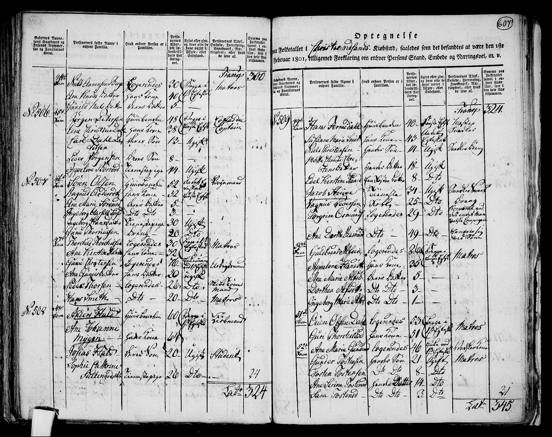 RA, 1801 census for 1001P Kristiansand, 1801, p. 606b-607a