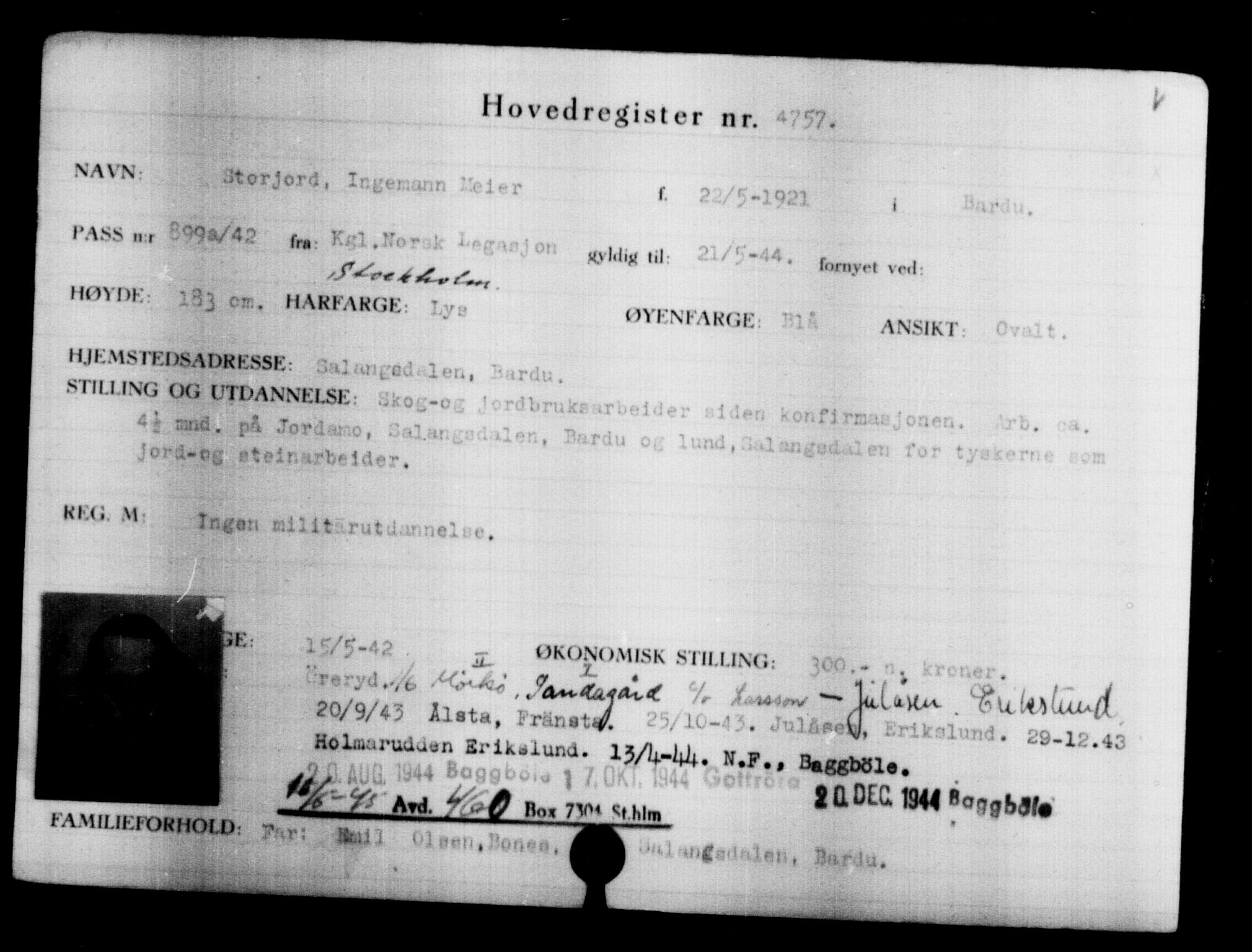 Utenriksstasjonene, Legasjonen i Stockholm, Flyktningkontoret, AV/RA-S-6753/V/Va/L0004: Kjesäterkartoteket, flyktninger med registreringsnr. 3496-6610, 1940-1945, p. 1489