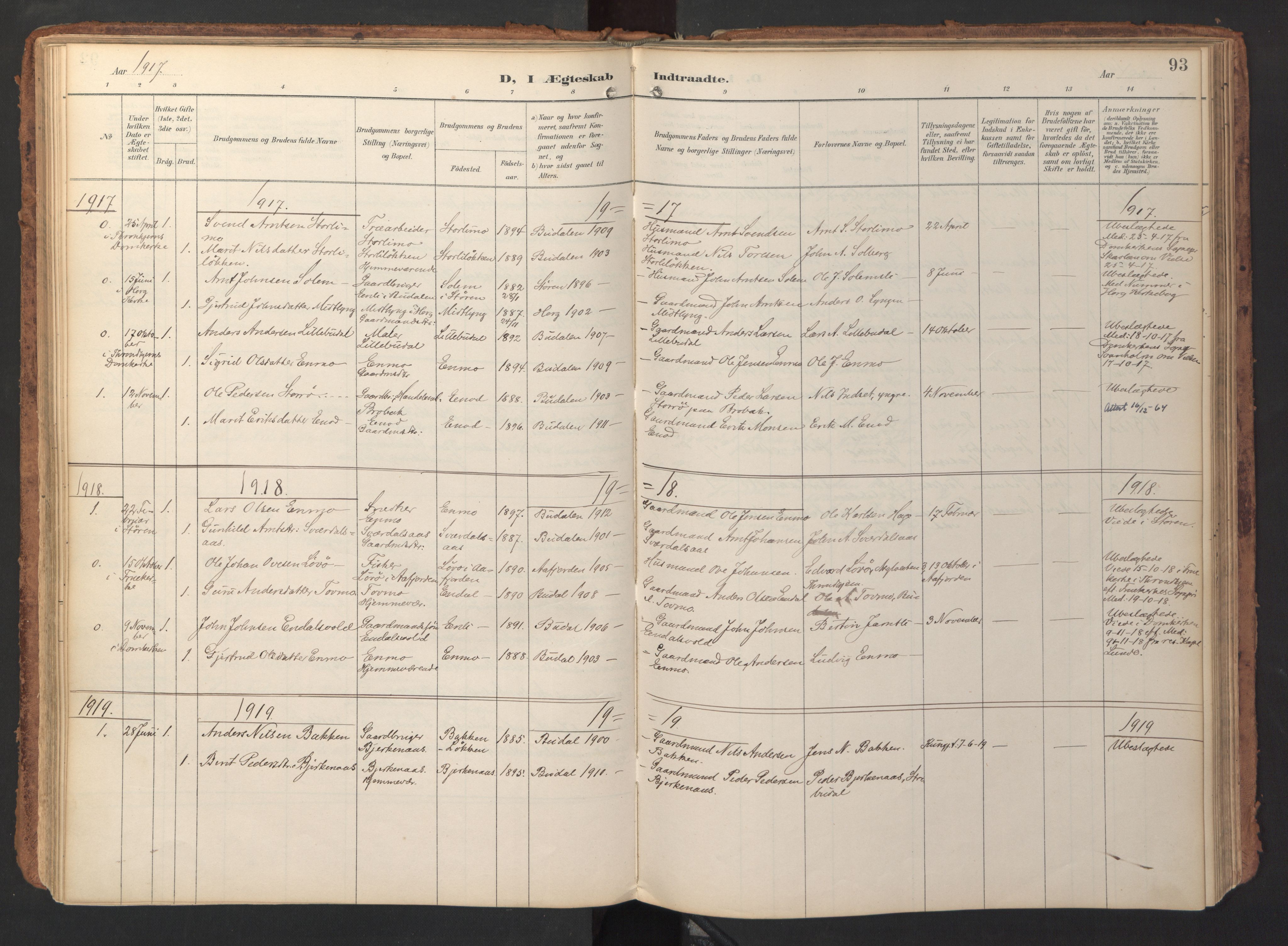 Ministerialprotokoller, klokkerbøker og fødselsregistre - Sør-Trøndelag, SAT/A-1456/690/L1050: Parish register (official) no. 690A01, 1889-1929, p. 93