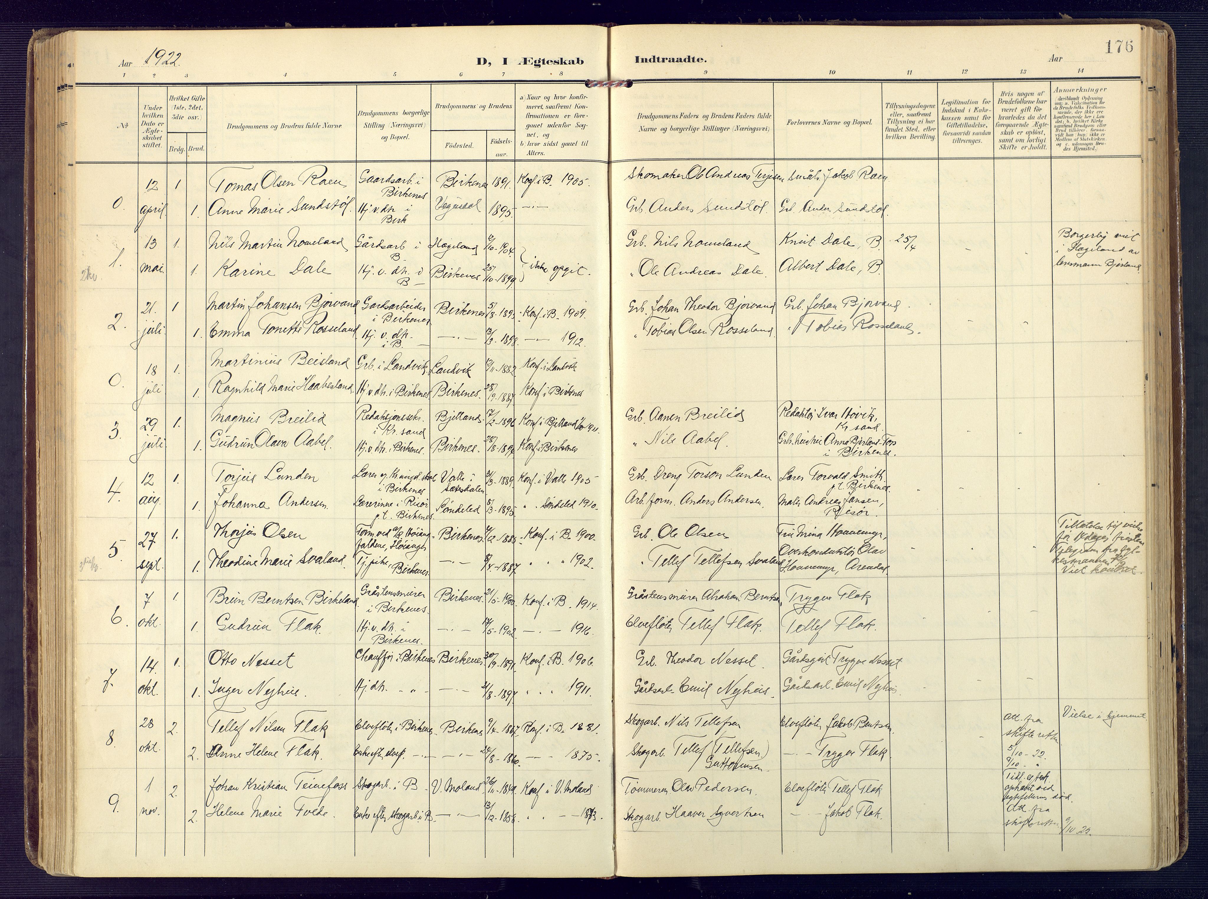 Birkenes sokneprestkontor, SAK/1111-0004/F/Fa/L0006: Parish register (official) no. A 6, 1908-1932, p. 176