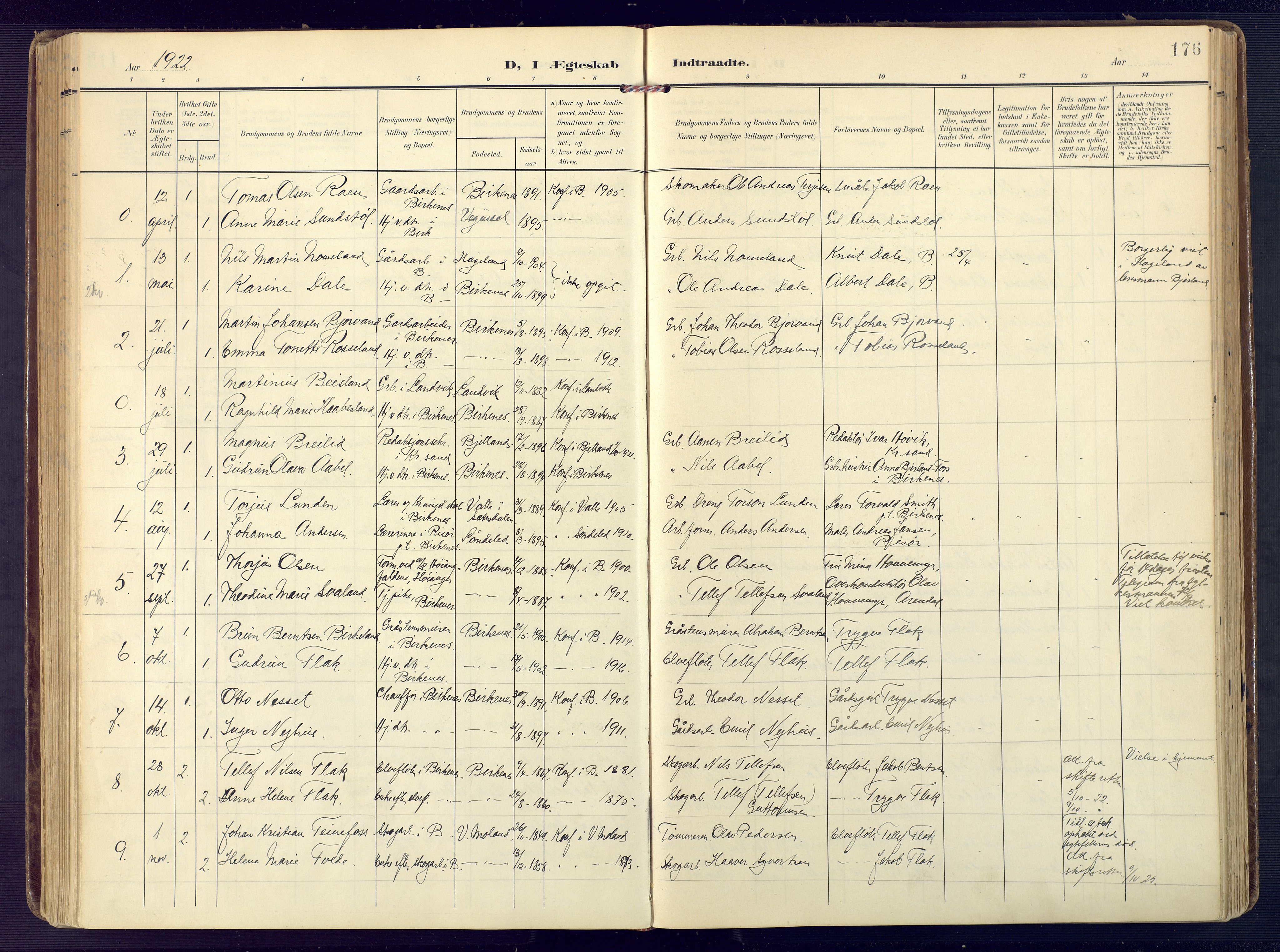 Birkenes sokneprestkontor, AV/SAK-1111-0004/F/Fa/L0006: Parish register (official) no. A 6, 1908-1932, p. 176