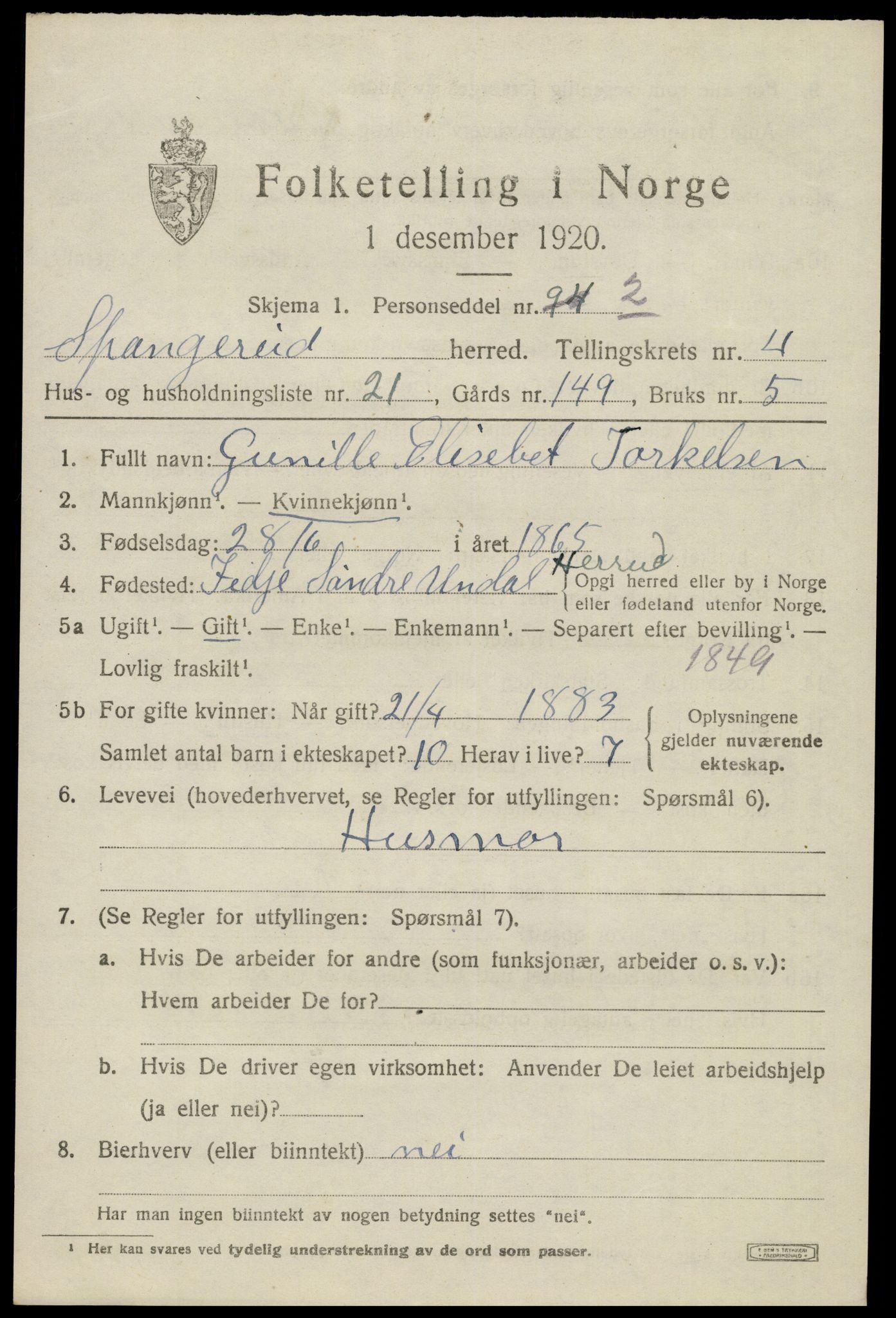 SAK, 1920 census for Spangereid, 1920, p. 1705