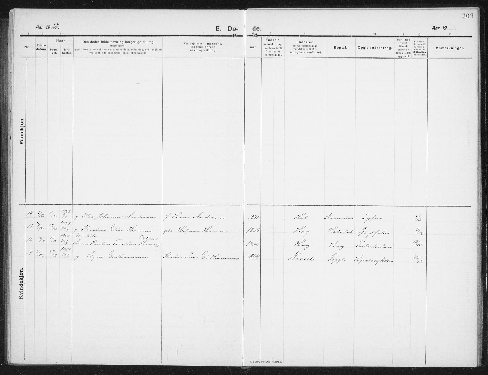Ministerialprotokoller, klokkerbøker og fødselsregistre - Nordland, SAT/A-1459/882/L1183: Parish register (copy) no. 882C01, 1911-1938, p. 309
