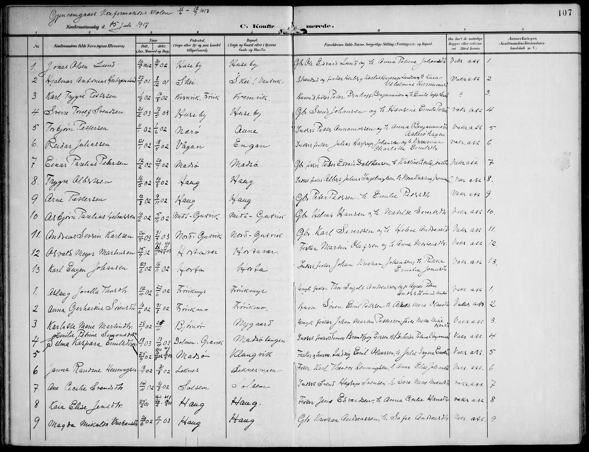 Ministerialprotokoller, klokkerbøker og fødselsregistre - Nord-Trøndelag, SAT/A-1458/788/L0698: Parish register (official) no. 788A05, 1902-1921, p. 107