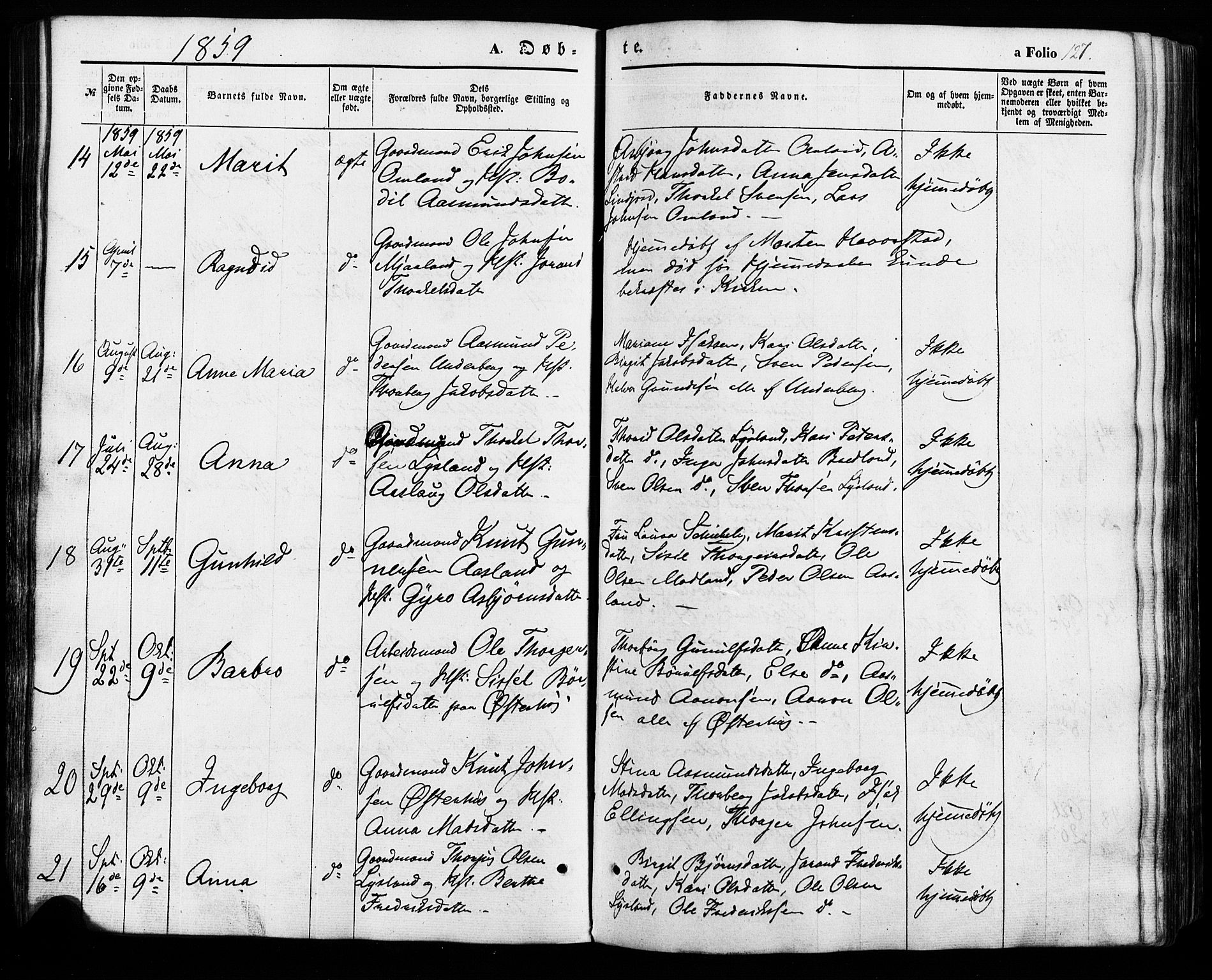 Åseral sokneprestkontor, AV/SAK-1111-0051/F/Fa/L0002: Parish register (official) no. A 2, 1854-1884, p. 127