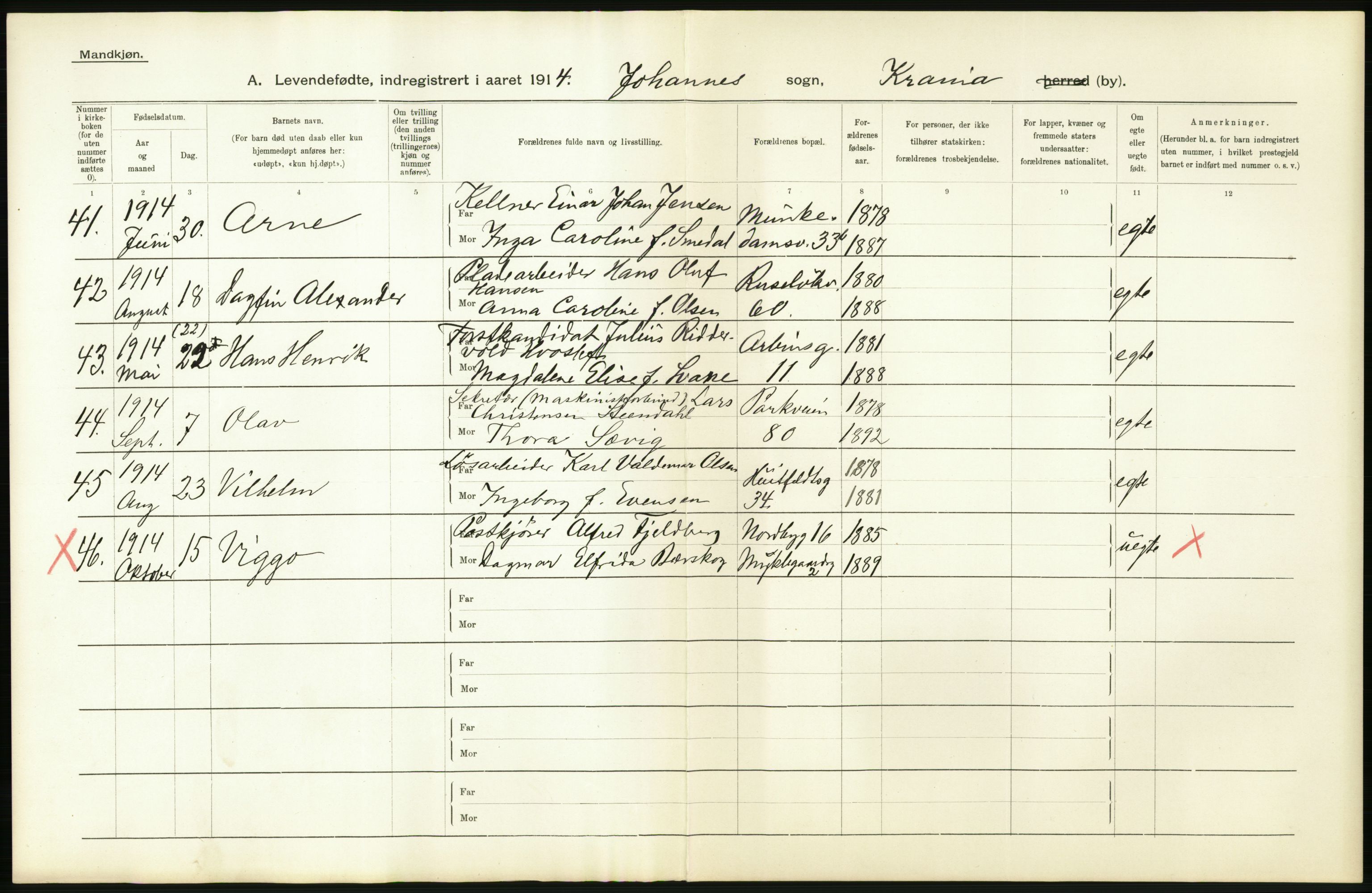 Statistisk sentralbyrå, Sosiodemografiske emner, Befolkning, AV/RA-S-2228/D/Df/Dfb/Dfbd/L0006: Kristiania: Levendefødte menn og kvinner., 1914, p. 4