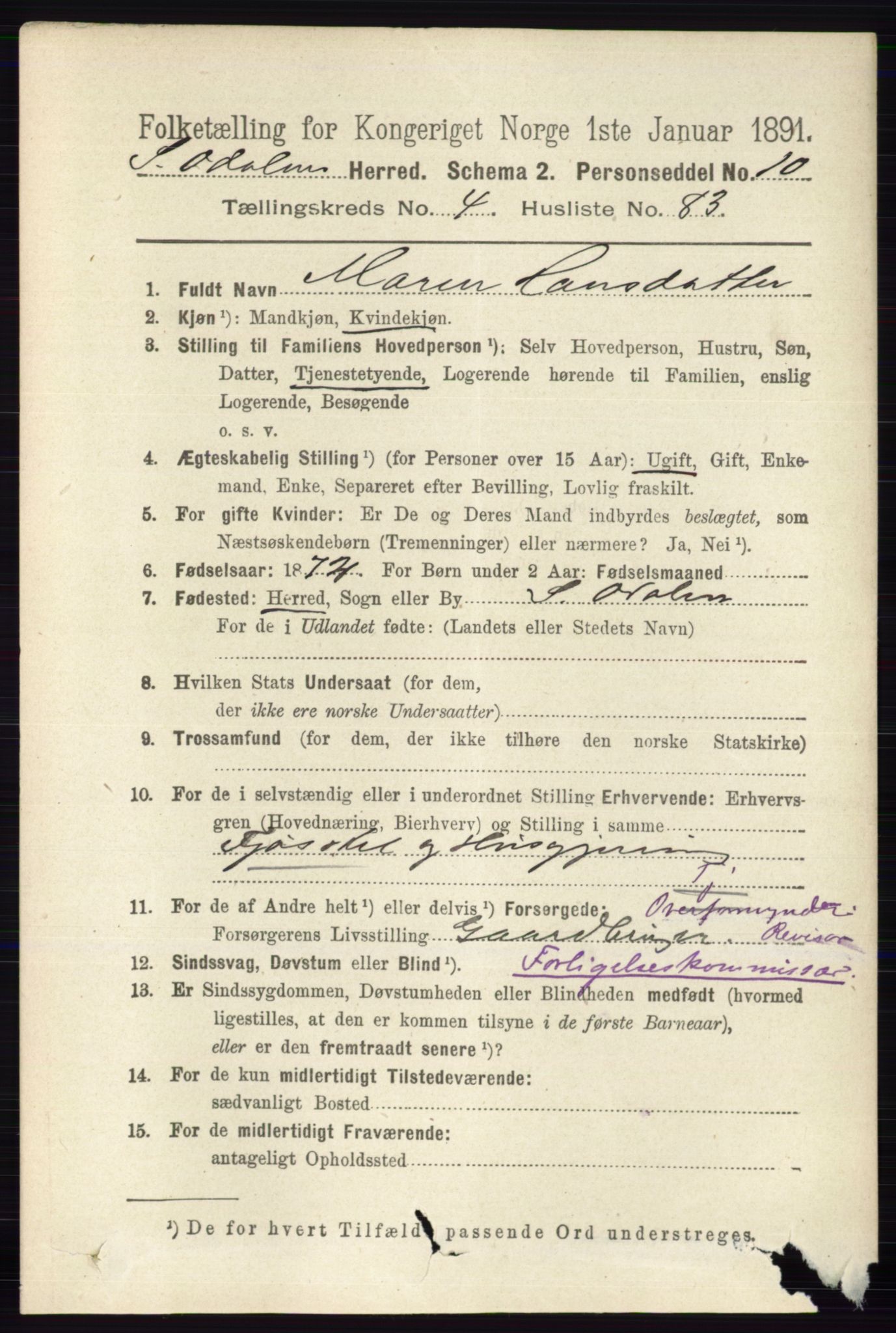 RA, 1891 census for 0419 Sør-Odal, 1891, p. 2267