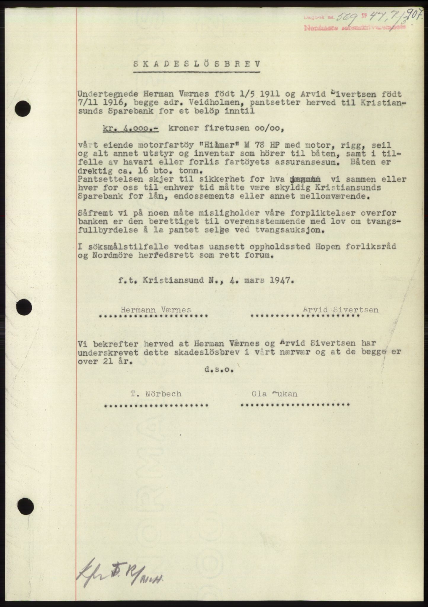 Nordmøre sorenskriveri, AV/SAT-A-4132/1/2/2Ca: Mortgage book no. B95, 1946-1947, Diary no: : 569/1947