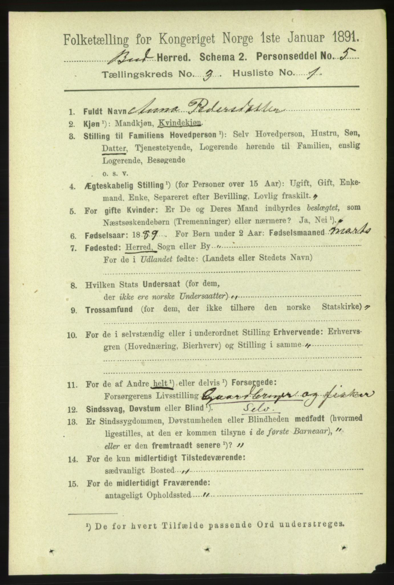 RA, 1891 census for 1549 Bud, 1891, p. 1485