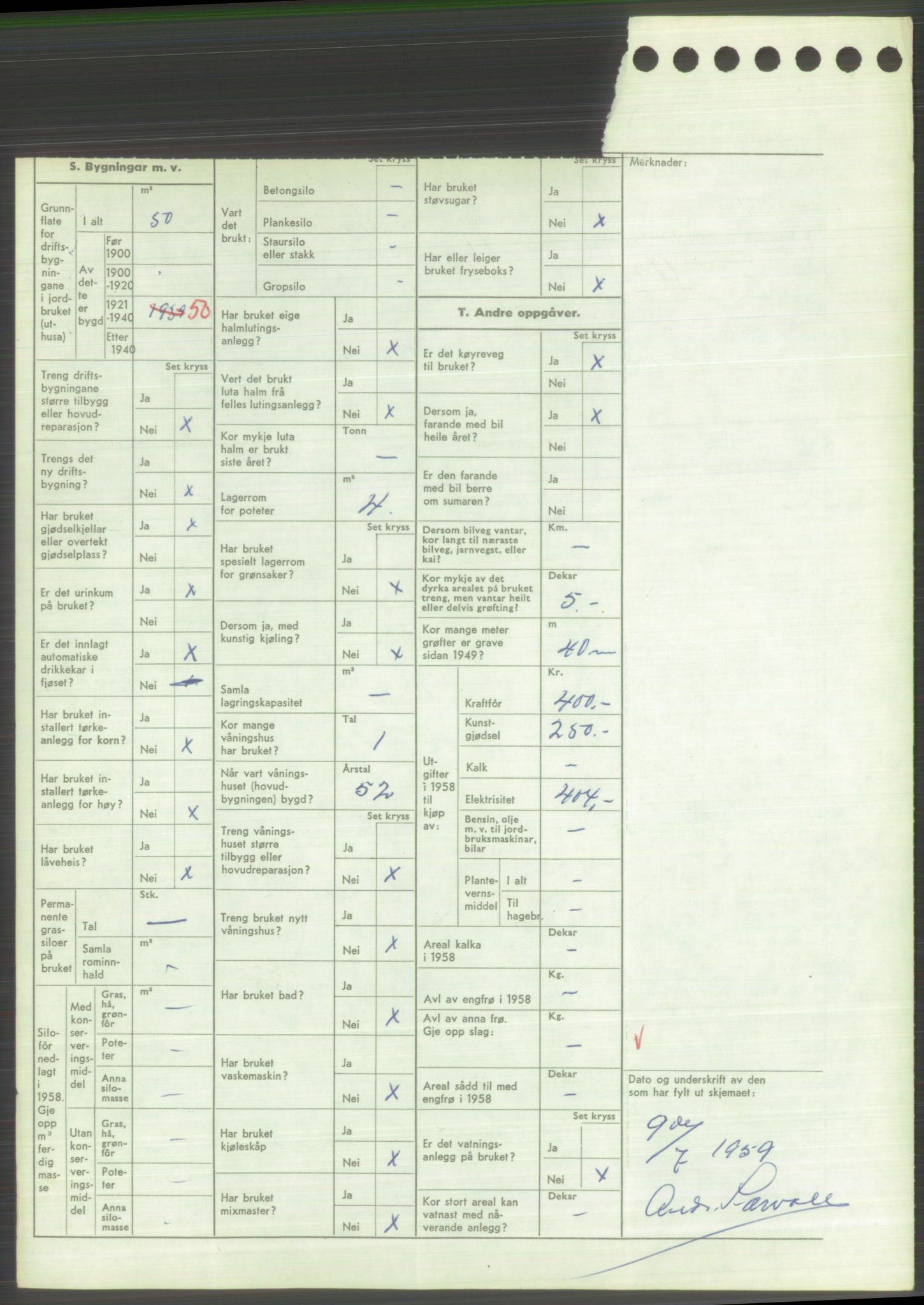 Statistisk sentralbyrå, Næringsøkonomiske emner, Jordbruk, skogbruk, jakt, fiske og fangst, AV/RA-S-2234/G/Gd/L0373: Rogaland: 1130 Strand (kl. 1-2), 1131 Årdal og 1132 Fister, 1959, p. 1124