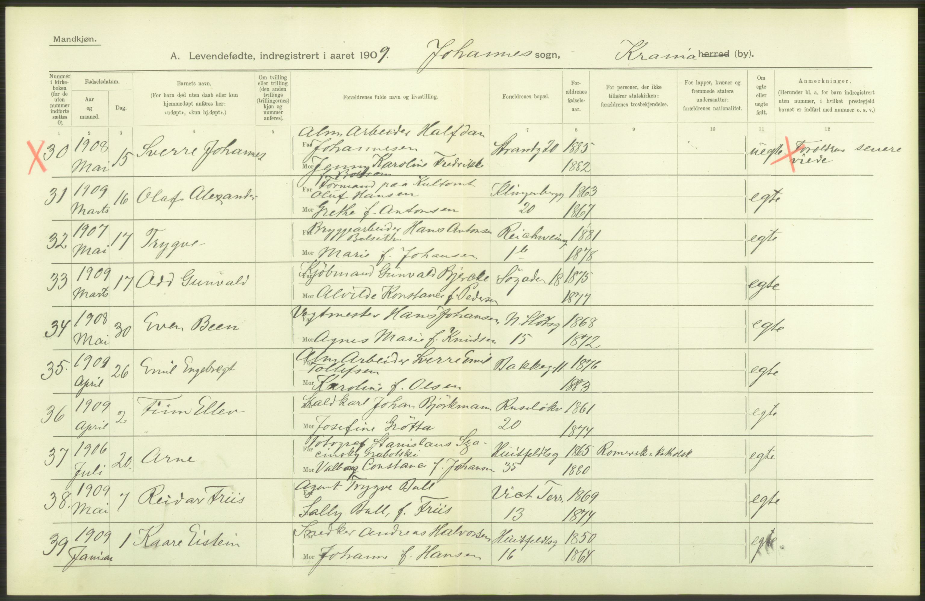 Statistisk sentralbyrå, Sosiodemografiske emner, Befolkning, AV/RA-S-2228/D/Df/Dfa/Dfag/L0007: Kristiania: Levendefødte menn og kvinner., 1909, p. 18