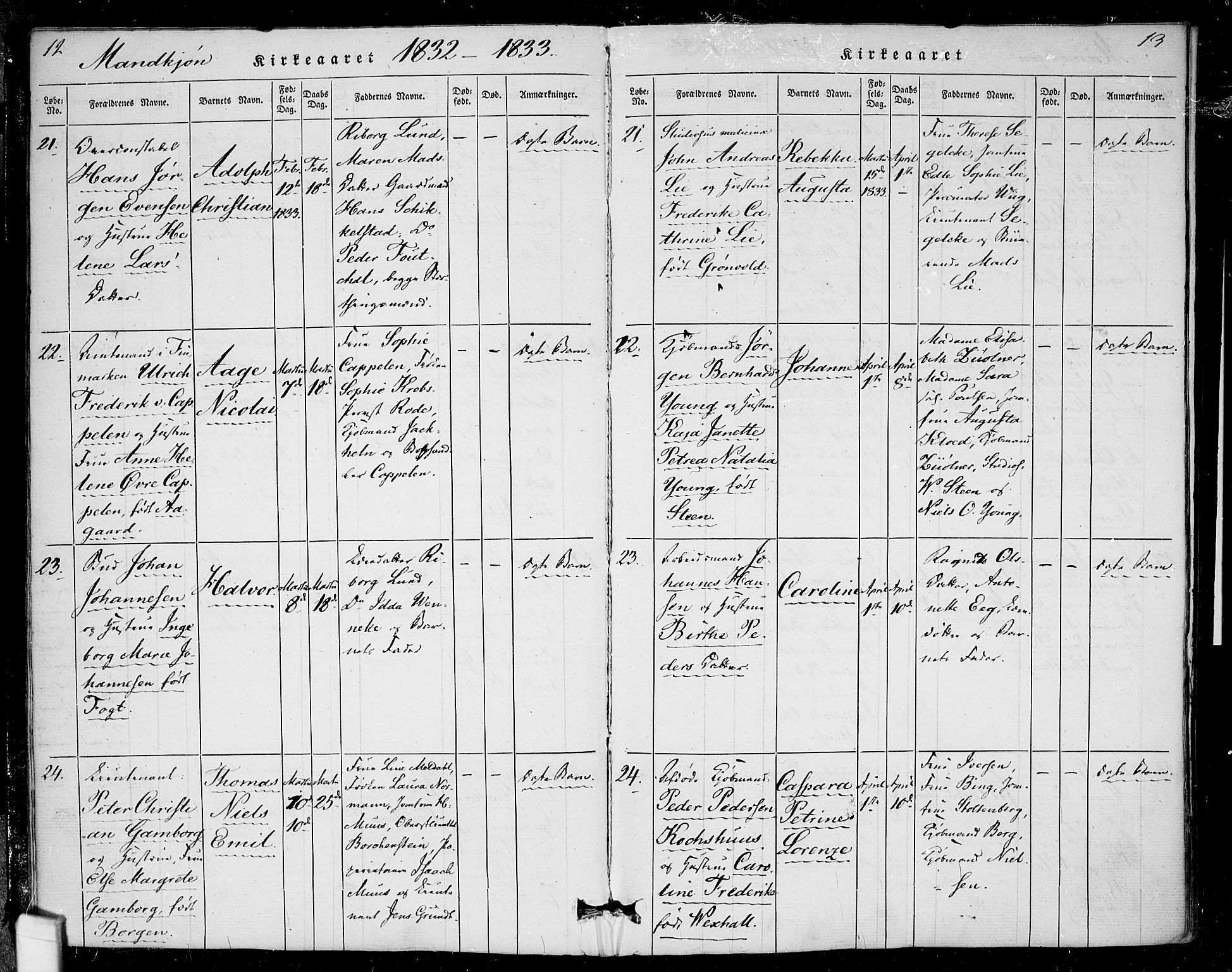 Rikshospitalet prestekontor Kirkebøker, SAO/A-10309b/F/L0002: Parish register (official) no. 2, 1832-1840, p. 12-13