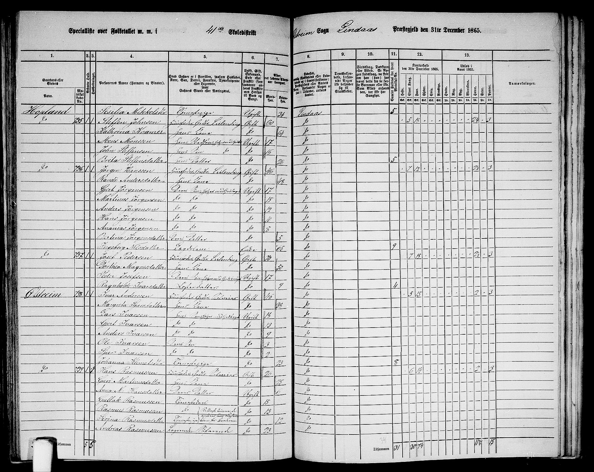 RA, 1865 census for Lindås, 1865, p. 264