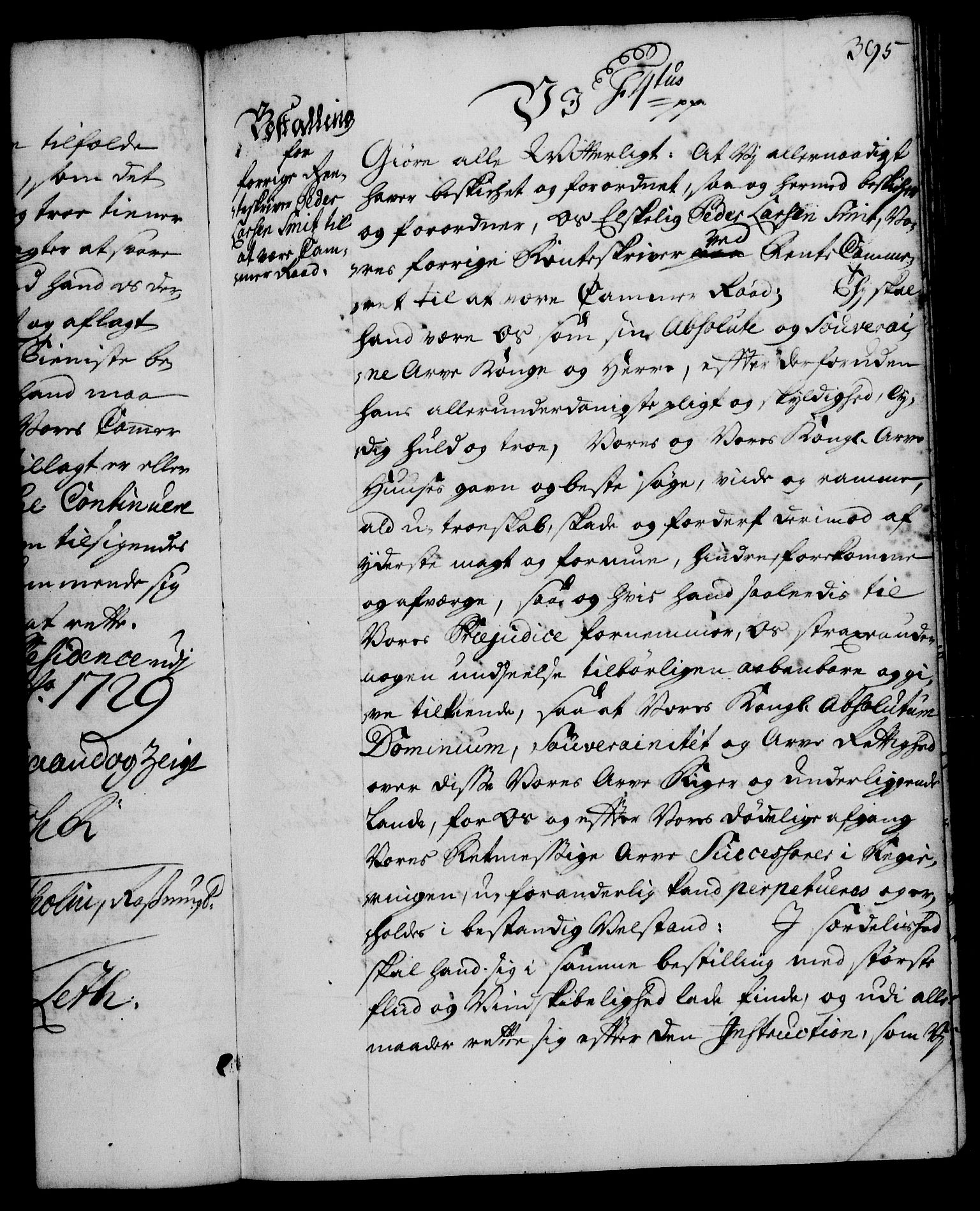 Rentekammeret, Kammerkanselliet, RA/EA-3111/G/Gg/Gge/L0001: Norsk bestallingsprotokoll med register (merket RK 53.25), 1720-1730, p. 395