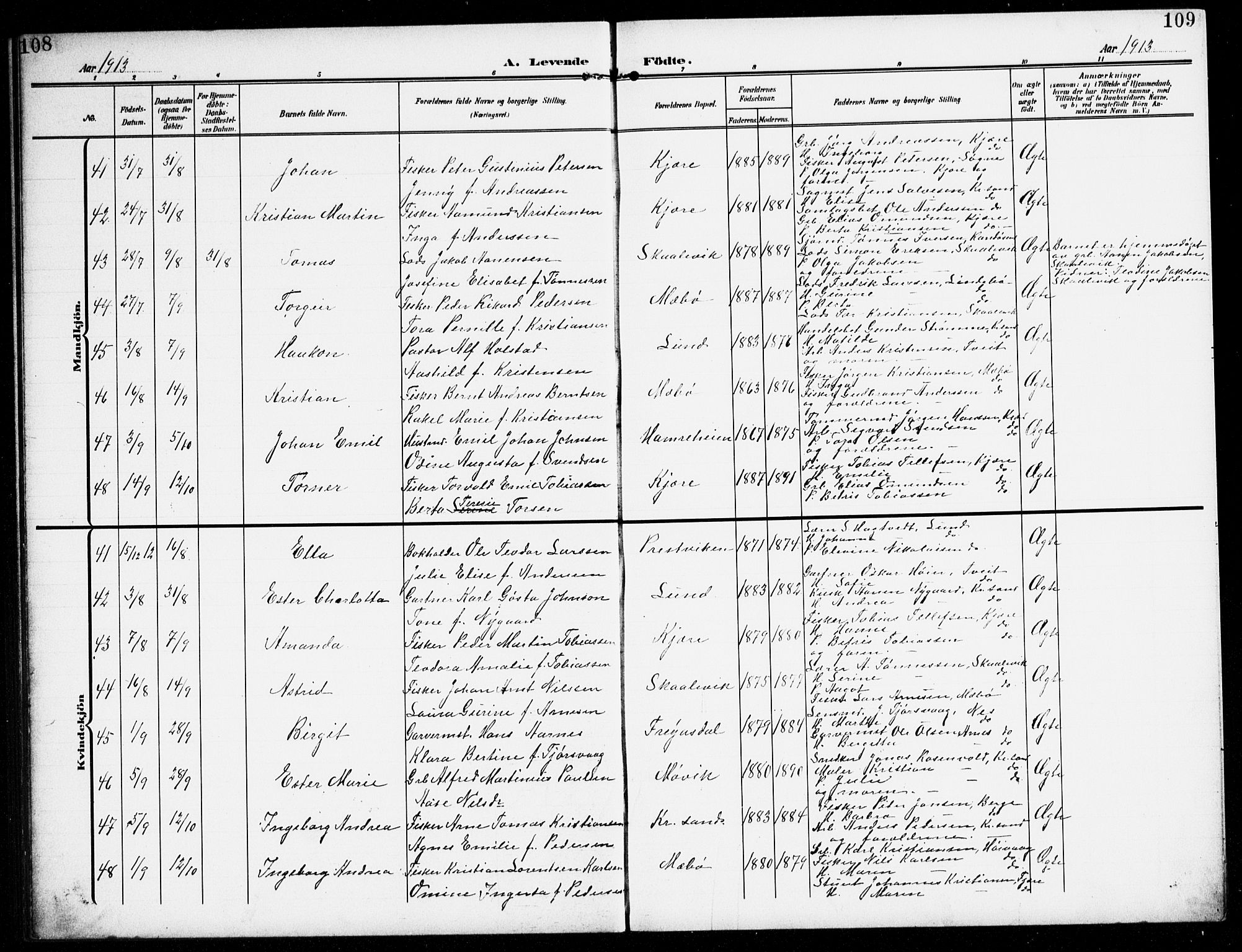 Oddernes sokneprestkontor, SAK/1111-0033/F/Fb/Fba/L0010: Parish register (copy) no. B 10, 1907-1941, p. 108-109