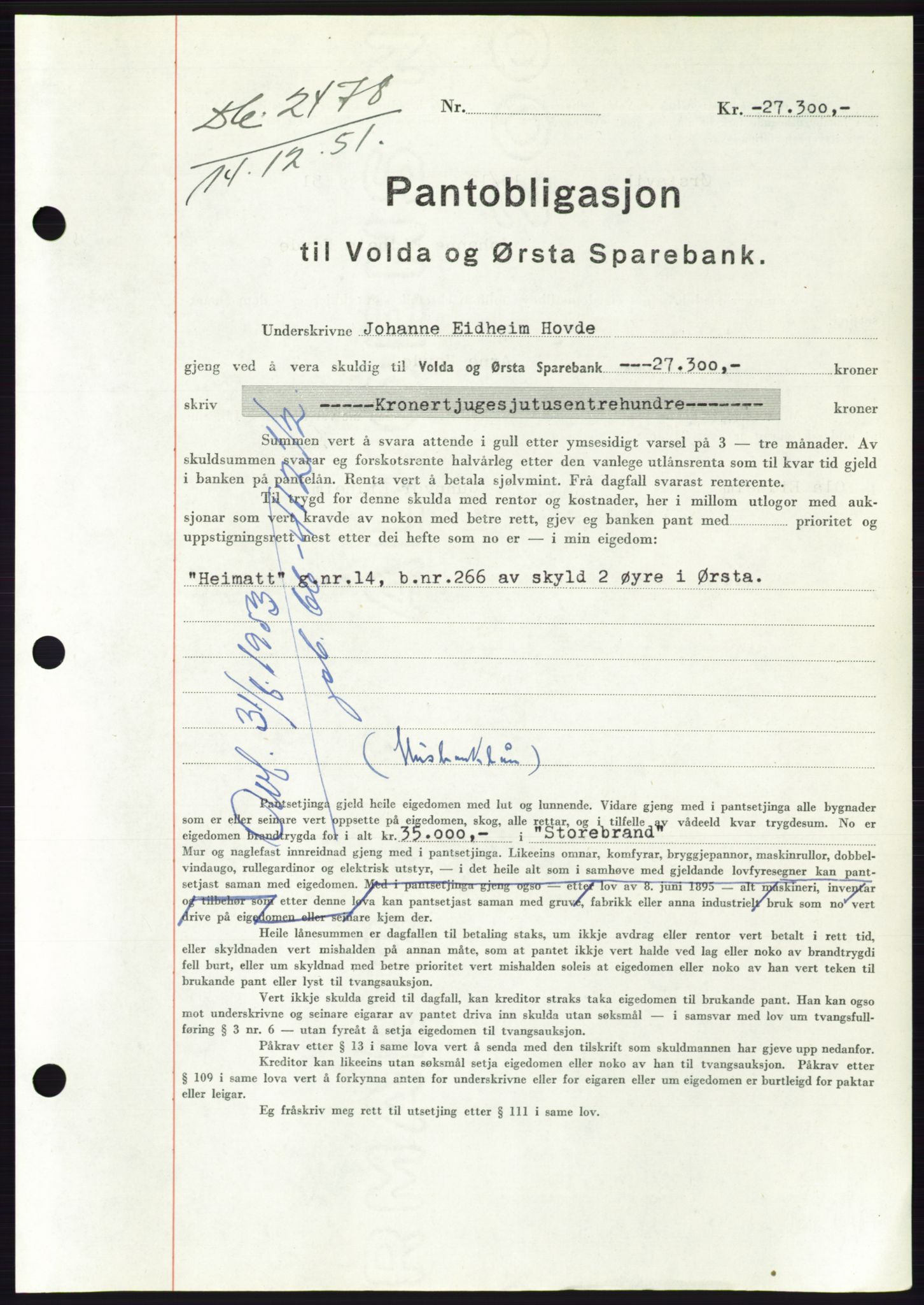 Søre Sunnmøre sorenskriveri, AV/SAT-A-4122/1/2/2C/L0121: Mortgage book no. 9B, 1951-1952, Diary no: : 2478/1951