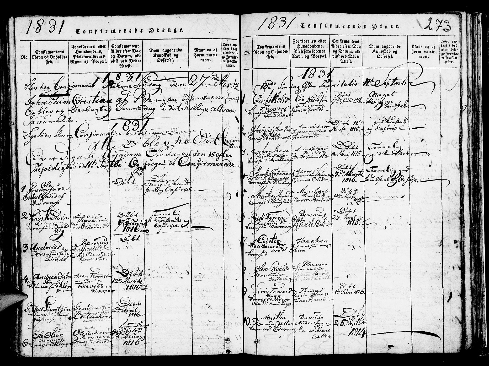 Askøy Sokneprestembete, SAB/A-74101/H/Ha/Hab/Haba/L0002: Parish register (copy) no. A 2, 1815-1846, p. 273