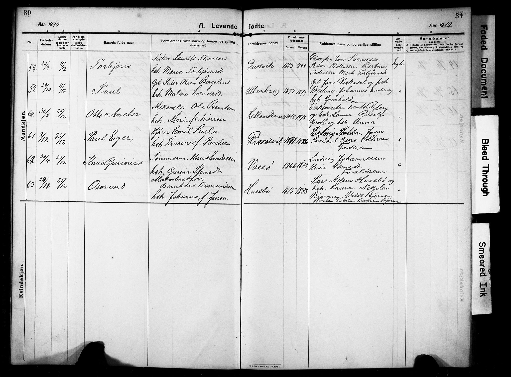 Hetland sokneprestkontor, AV/SAST-A-101826/30/30BB/L0008: Parish register (copy) no. B 8, 1910-1921, p. 30-31