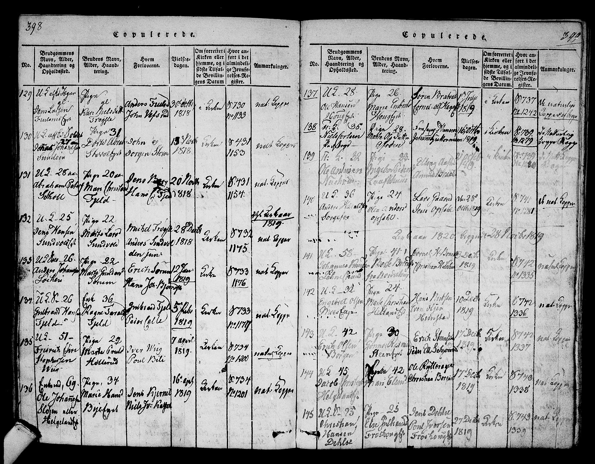 Hole kirkebøker, AV/SAKO-A-228/F/Fa/L0004: Parish register (official) no. I 4, 1814-1833, p. 398-399