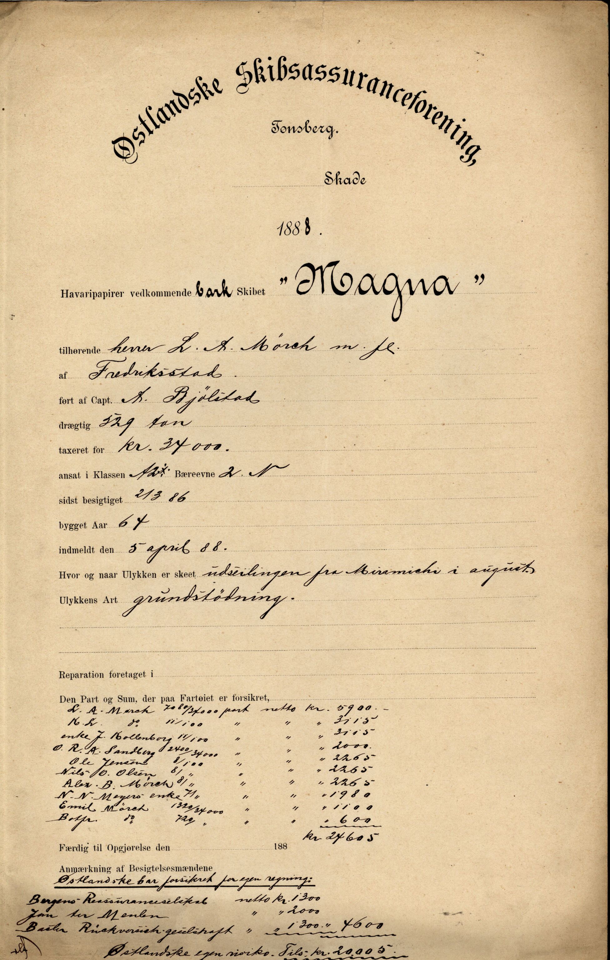 Pa 63 - Østlandske skibsassuranceforening, VEMU/A-1079/G/Ga/L0022/0009: Havaridokumenter / Svend Føyn, Sylvia, Særimner, Magna av Fredrikstad, 1888, p. 41