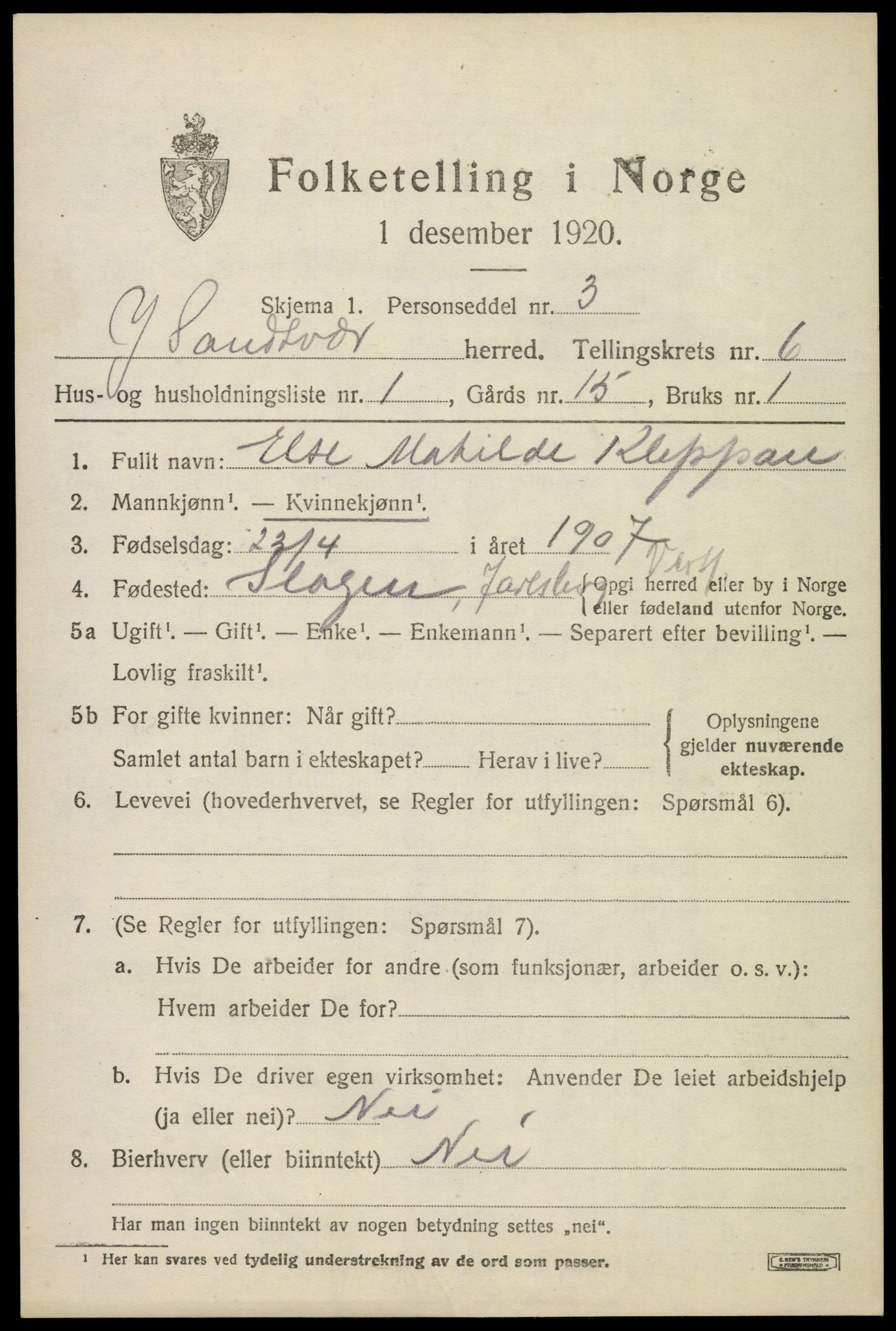 SAKO, 1920 census for Ytre Sandsvær, 1920, p. 4666