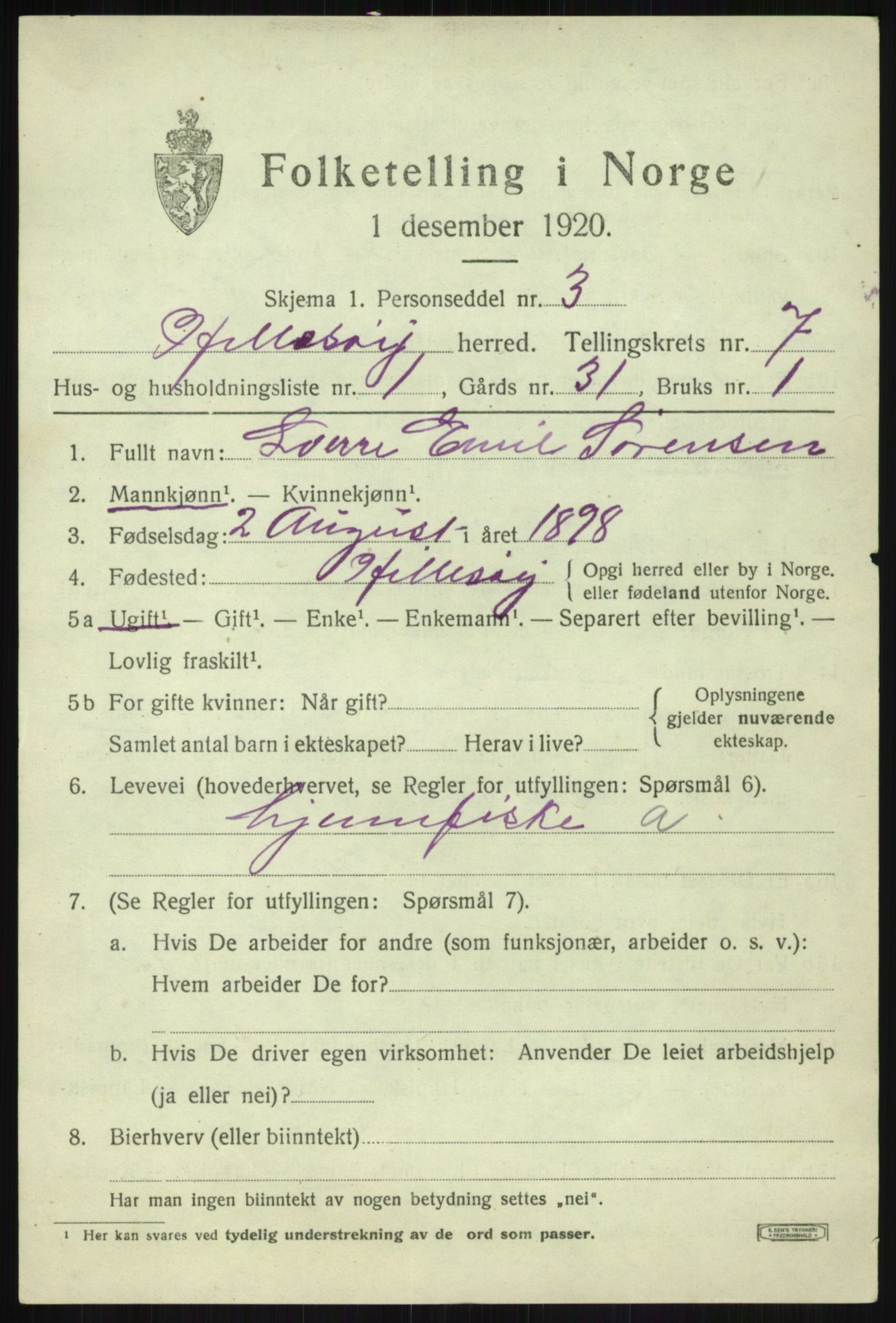 SATØ, 1920 census for Hillesøy, 1920, p. 3273