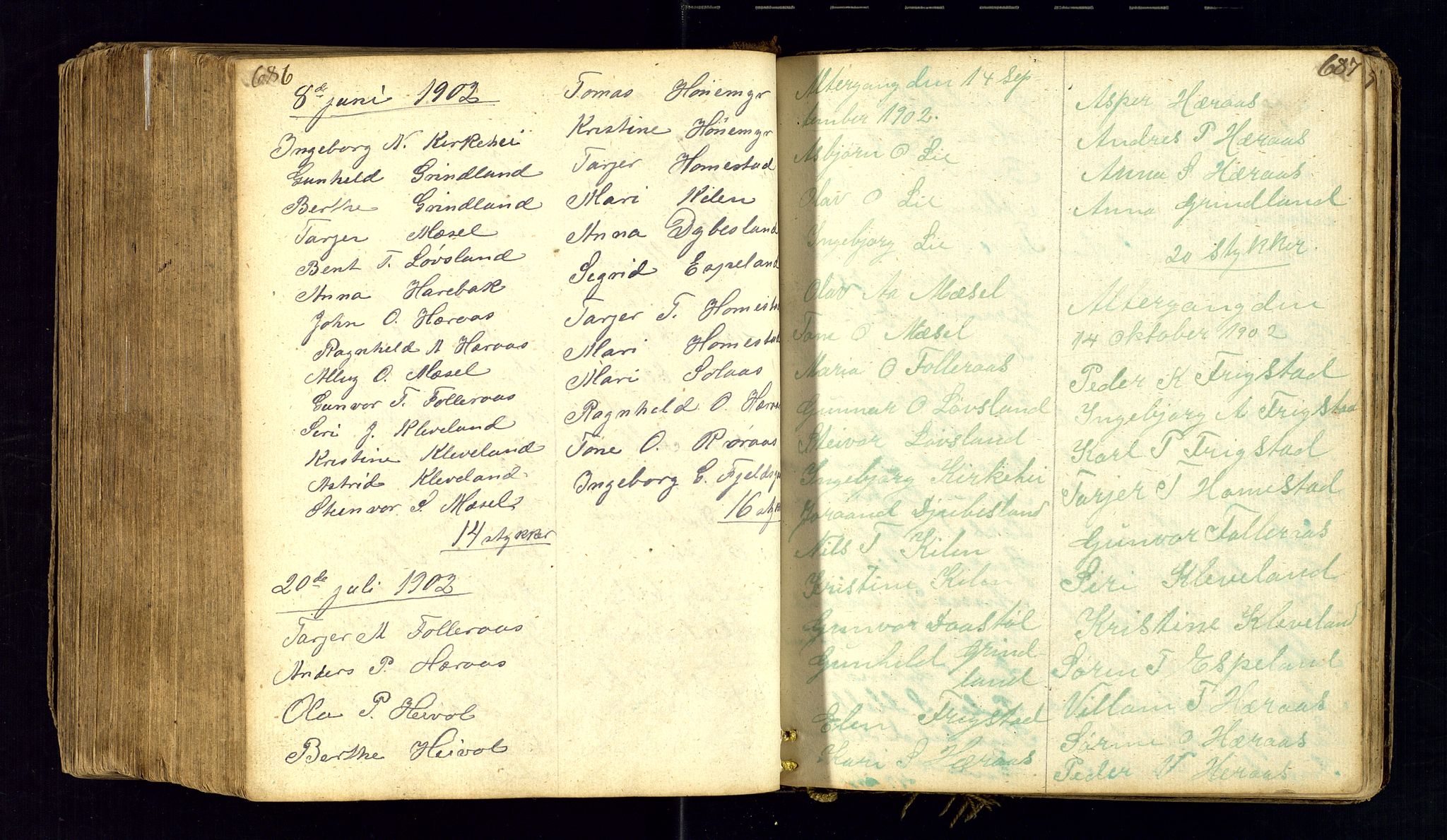 Bjelland sokneprestkontor, AV/SAK-1111-0005/F/Fc/Fcb/L0001: Communicants register no. C-1, 1827-1906, p. 686-687