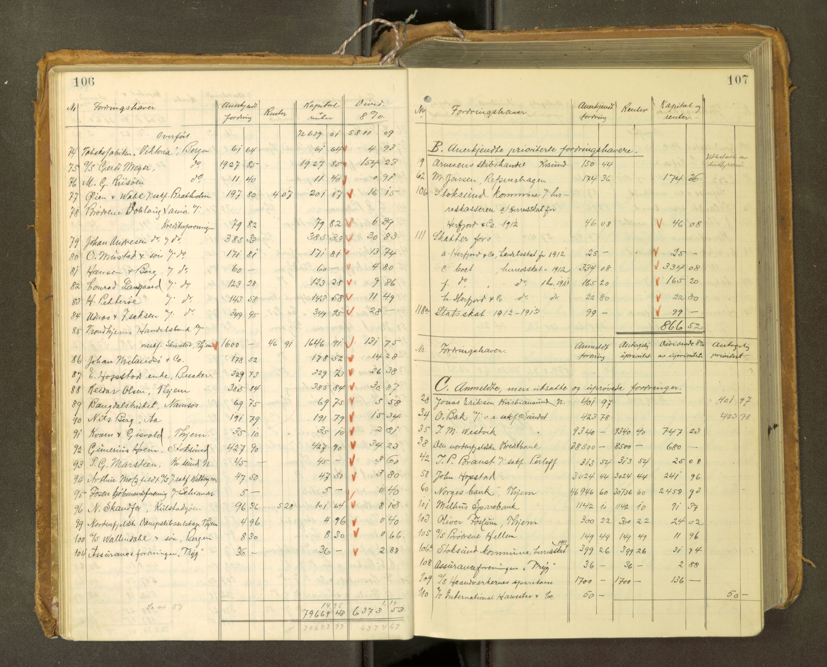 Fosen sorenskriveri, AV/SAT-A-1107/1/3/3A/L0031: Skifteutlodningsprotokoll nr. 10, 1913-1919, p. 106-107