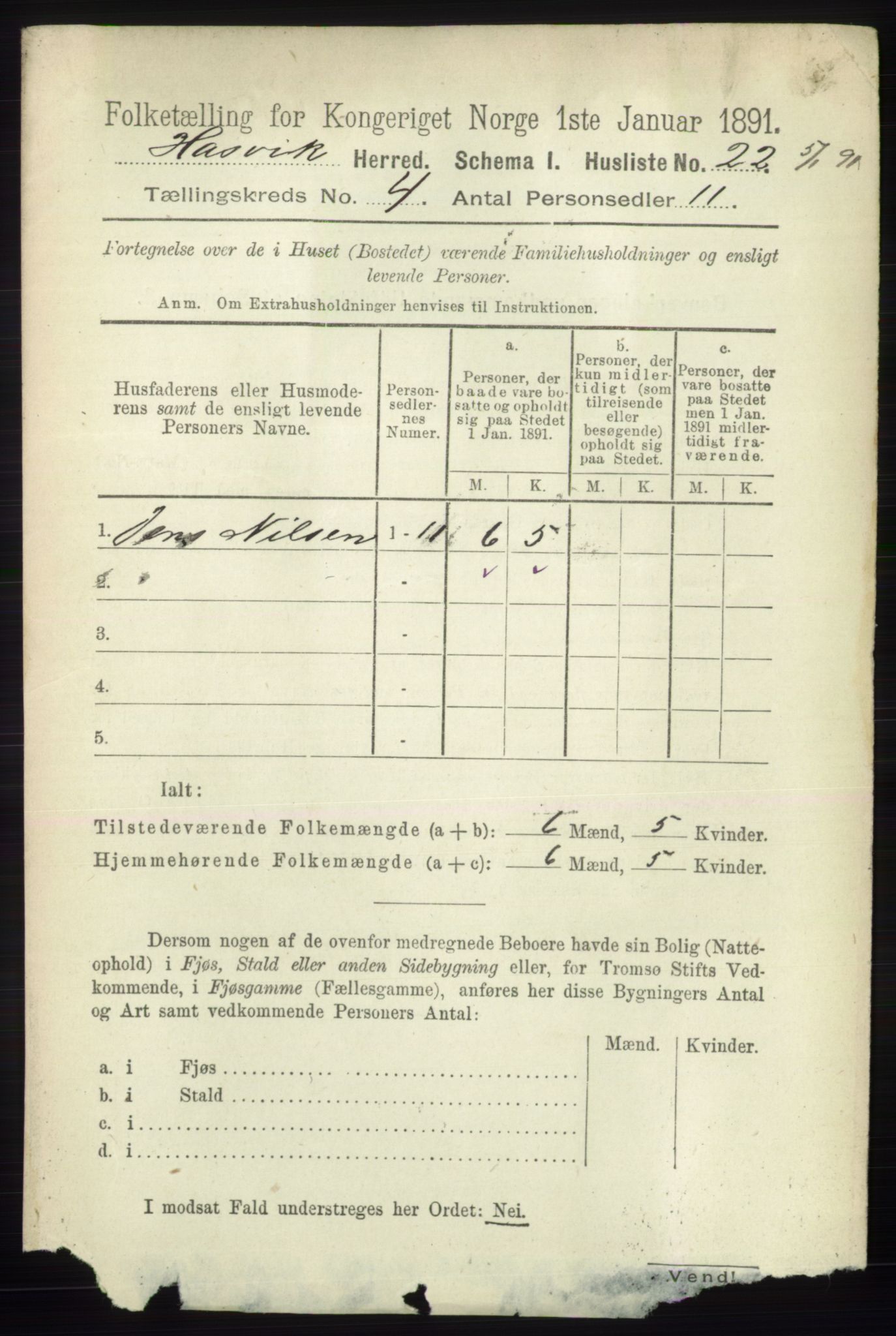 RA, 1891 census for 2015 Hasvik, 1891, p. 487