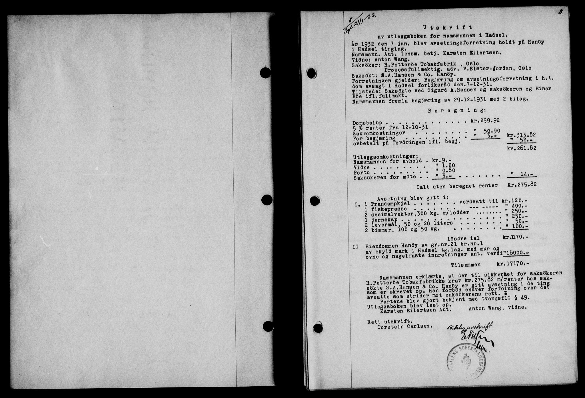 Vesterålen sorenskriveri, SAT/A-4180/1/2/2Ca/L0055: Mortgage book no. 48, 1932-1932, Deed date: 21.01.1932