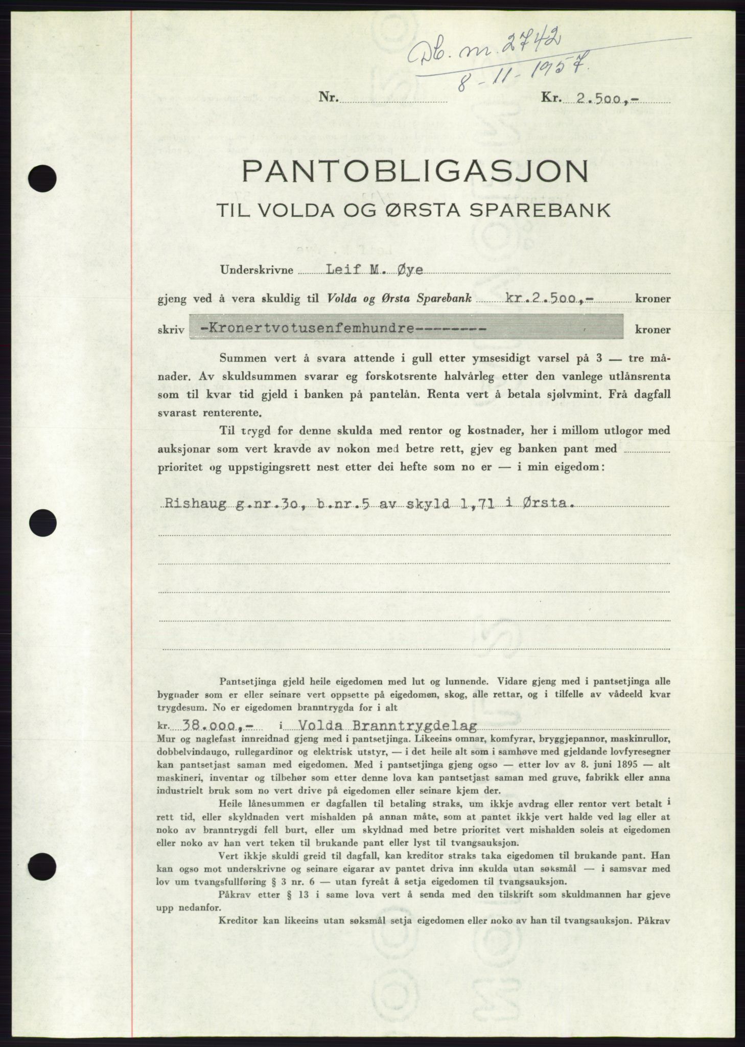 Søre Sunnmøre sorenskriveri, AV/SAT-A-4122/1/2/2C/L0130: Mortgage book no. 18B, 1957-1958, Diary no: : 2742/1957