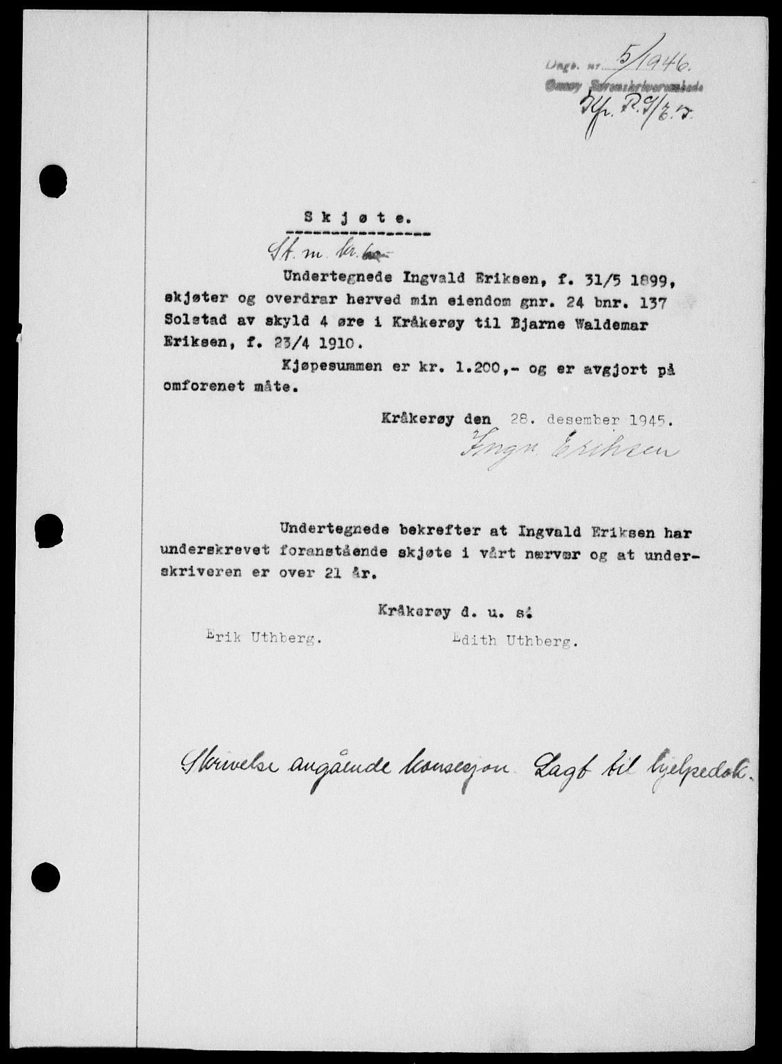 Onsøy sorenskriveri, SAO/A-10474/G/Ga/Gab/L0015: Mortgage book no. II A-15, 1945-1946, Diary no: : 5/1946
