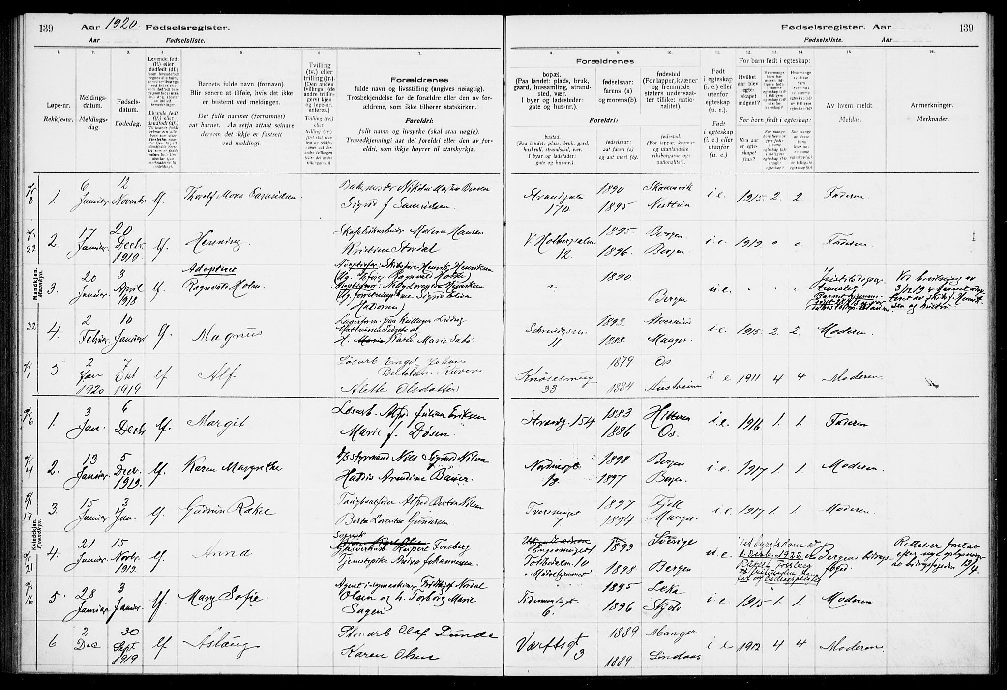 Nykirken Sokneprestembete, SAB/A-77101/I/Id/L00A1: Birth register no. A 1, 1916-1922, p. 139