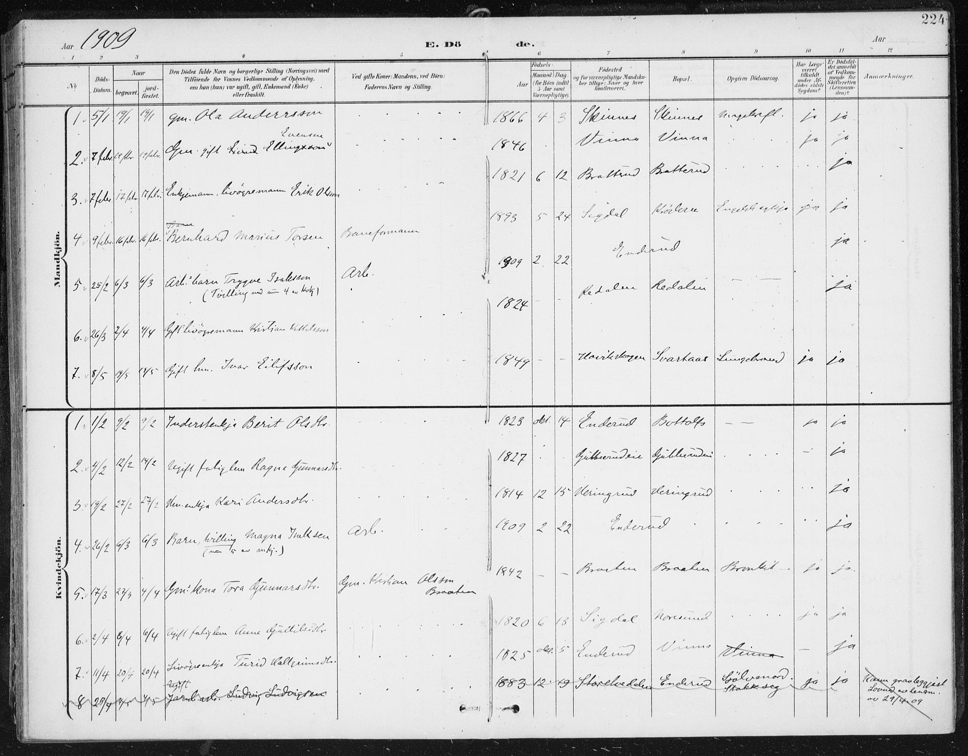 Krødsherad kirkebøker, AV/SAKO-A-19/F/Fa/L0007: Parish register (official) no. 7, 1900-1915, p. 224