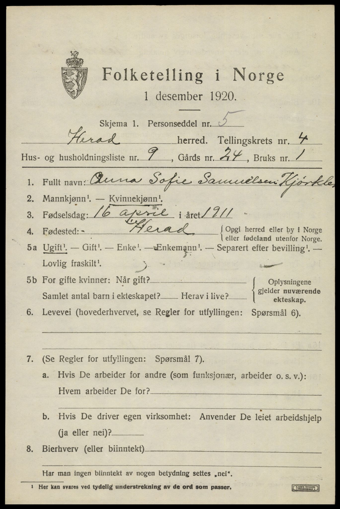 SAK, 1920 census for Herad, 1920, p. 1754