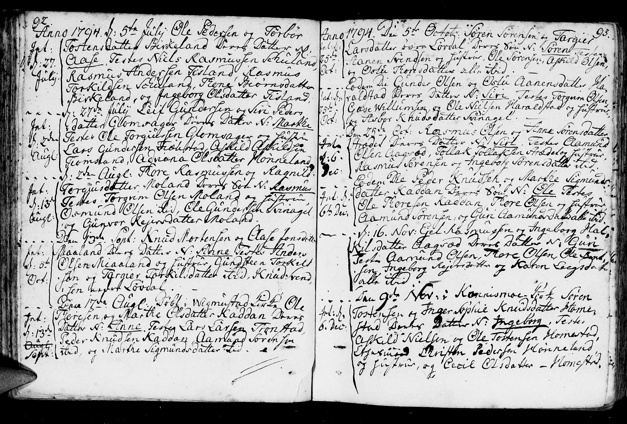 Holum sokneprestkontor, SAK/1111-0022/F/Fa/Fab/L0004: Parish register (official) no. A 4, 1774-1847, p. 92-93