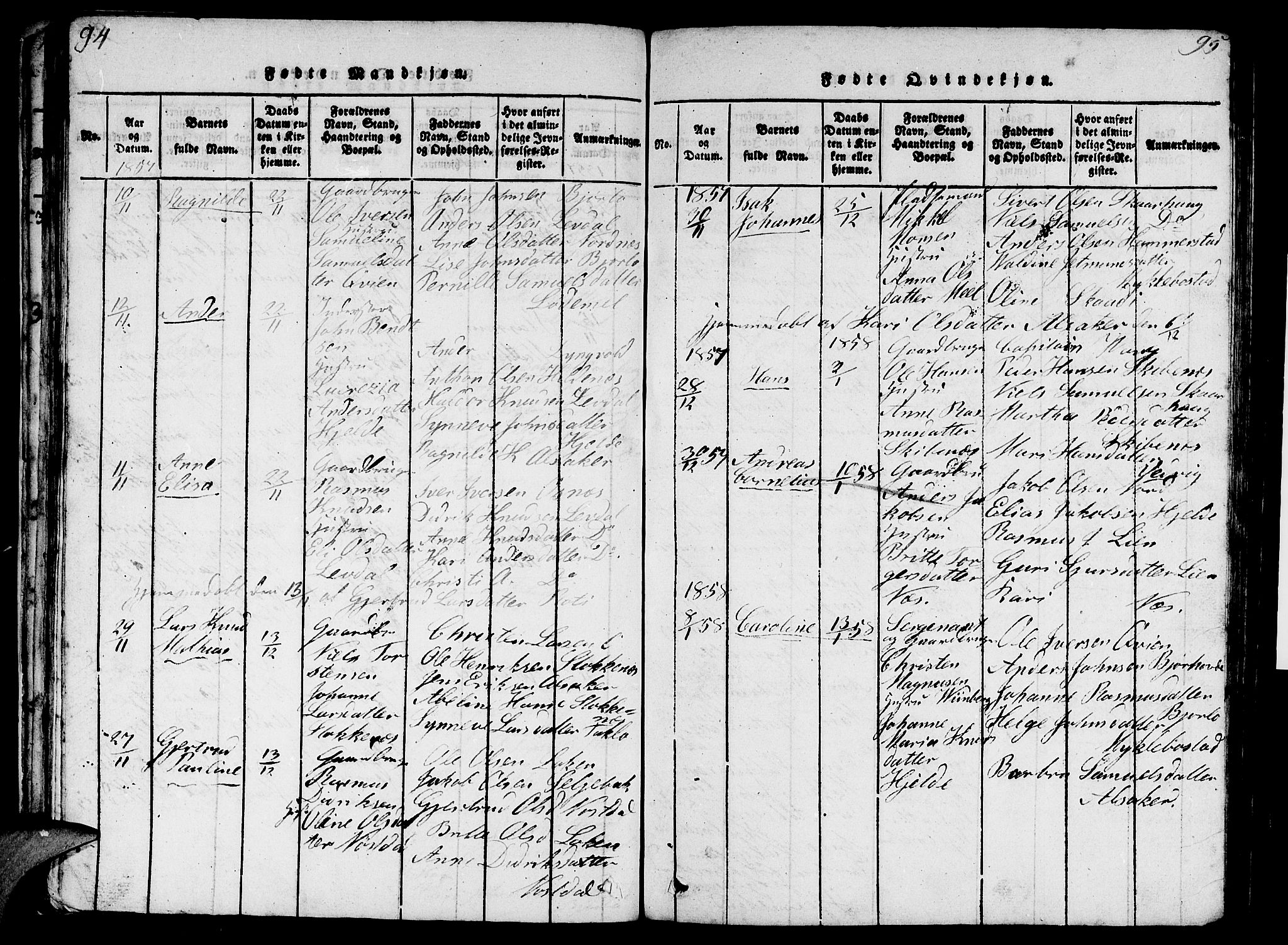 Eid sokneprestembete, SAB/A-82301/H/Hab/Haba/L0001: Parish register (copy) no. A 1, 1816-1862, p. 94-95