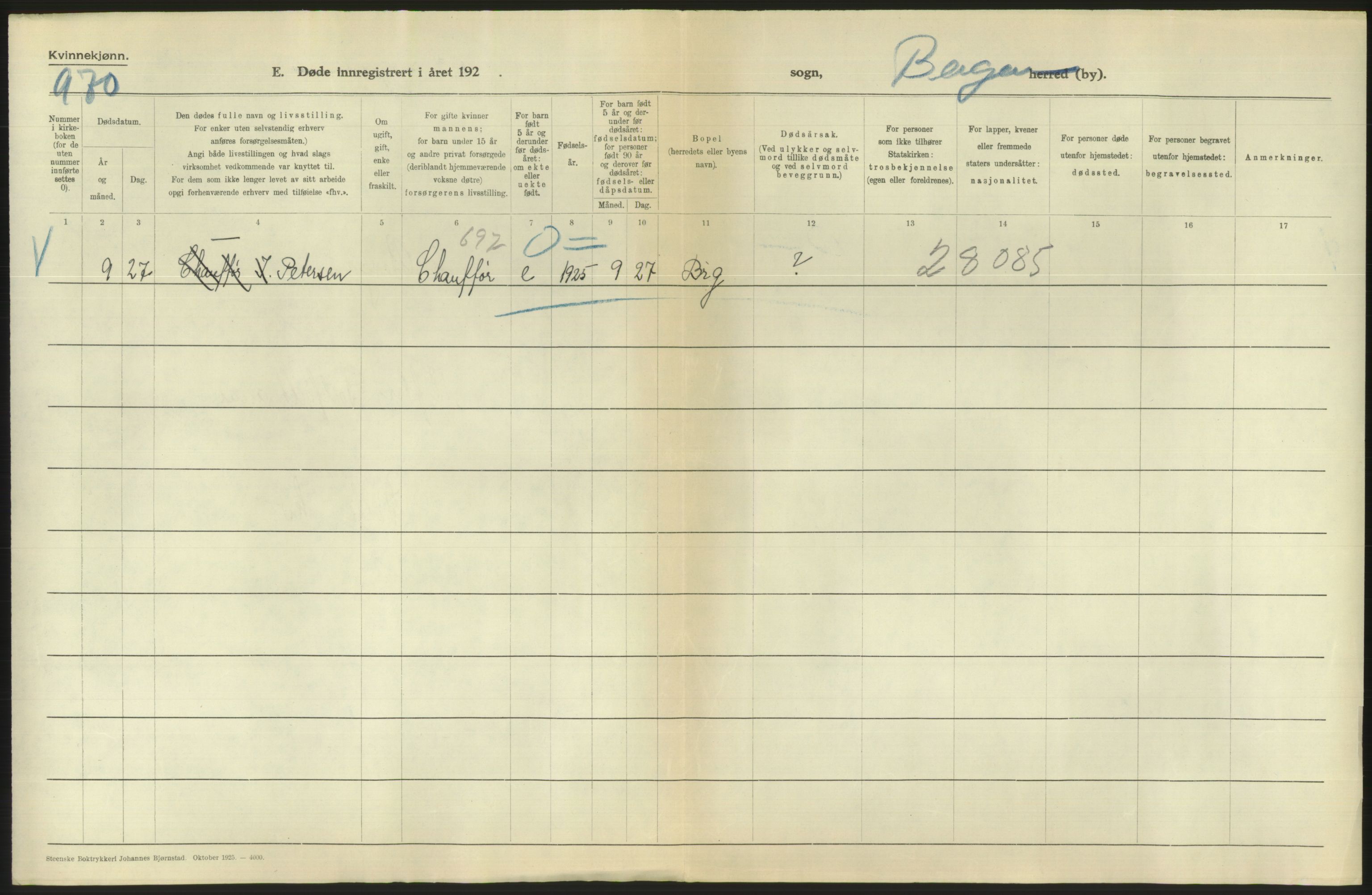 Statistisk sentralbyrå, Sosiodemografiske emner, Befolkning, AV/RA-S-2228/D/Df/Dfc/Dfce/L0029: Bergen: Gifte, døde., 1925, p. 844