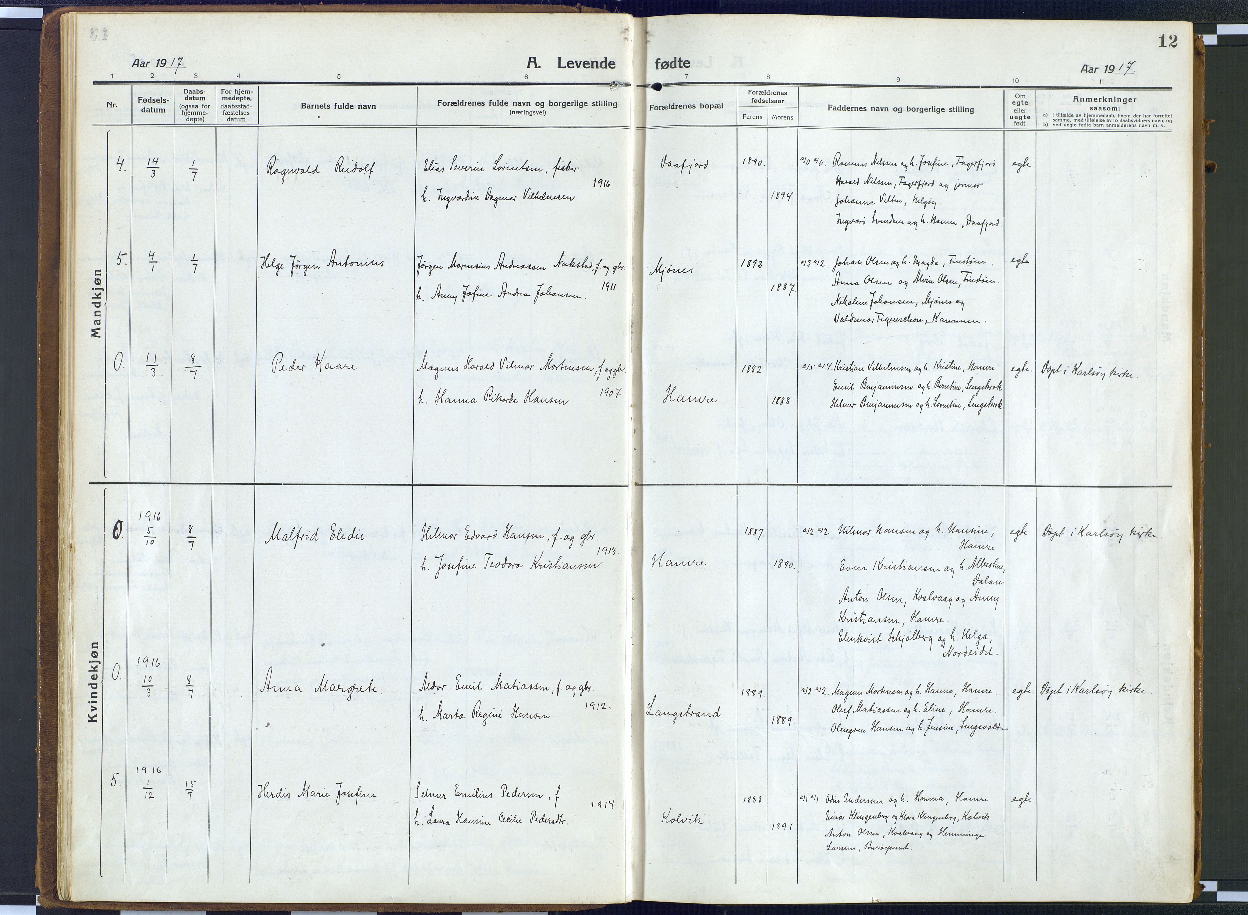 Karlsøy sokneprestembete, AV/SATØ-S-1299/H/Ha/Haa/L0016kirke: Parish register (official) no. 16, 1916-1934, p. 12