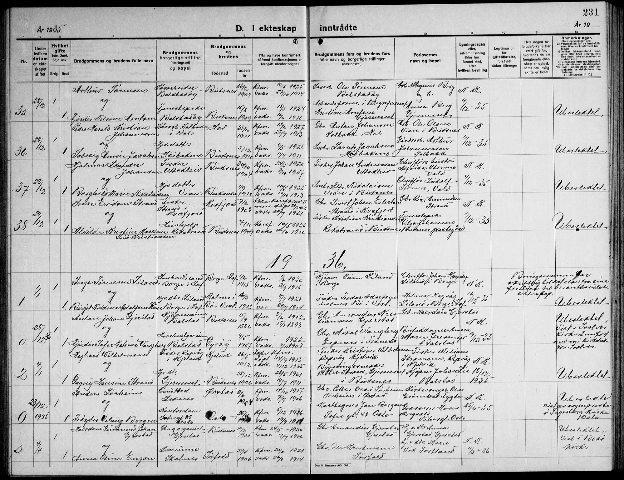 Ministerialprotokoller, klokkerbøker og fødselsregistre - Nordland, AV/SAT-A-1459/881/L1170: Parish register (copy) no. 881C07, 1930-1943, p. 231