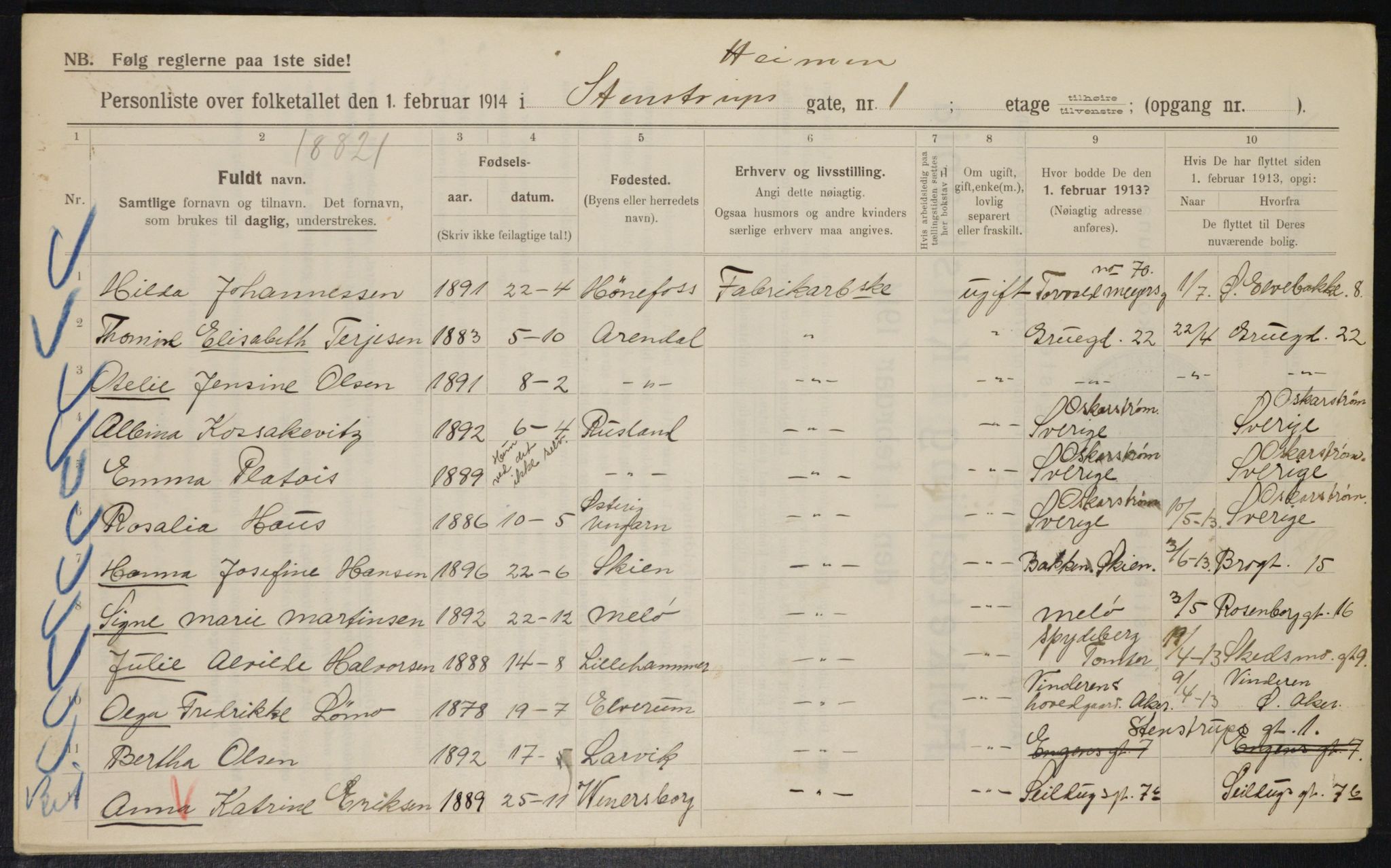 OBA, Municipal Census 1914 for Kristiania, 1914, p. 100799