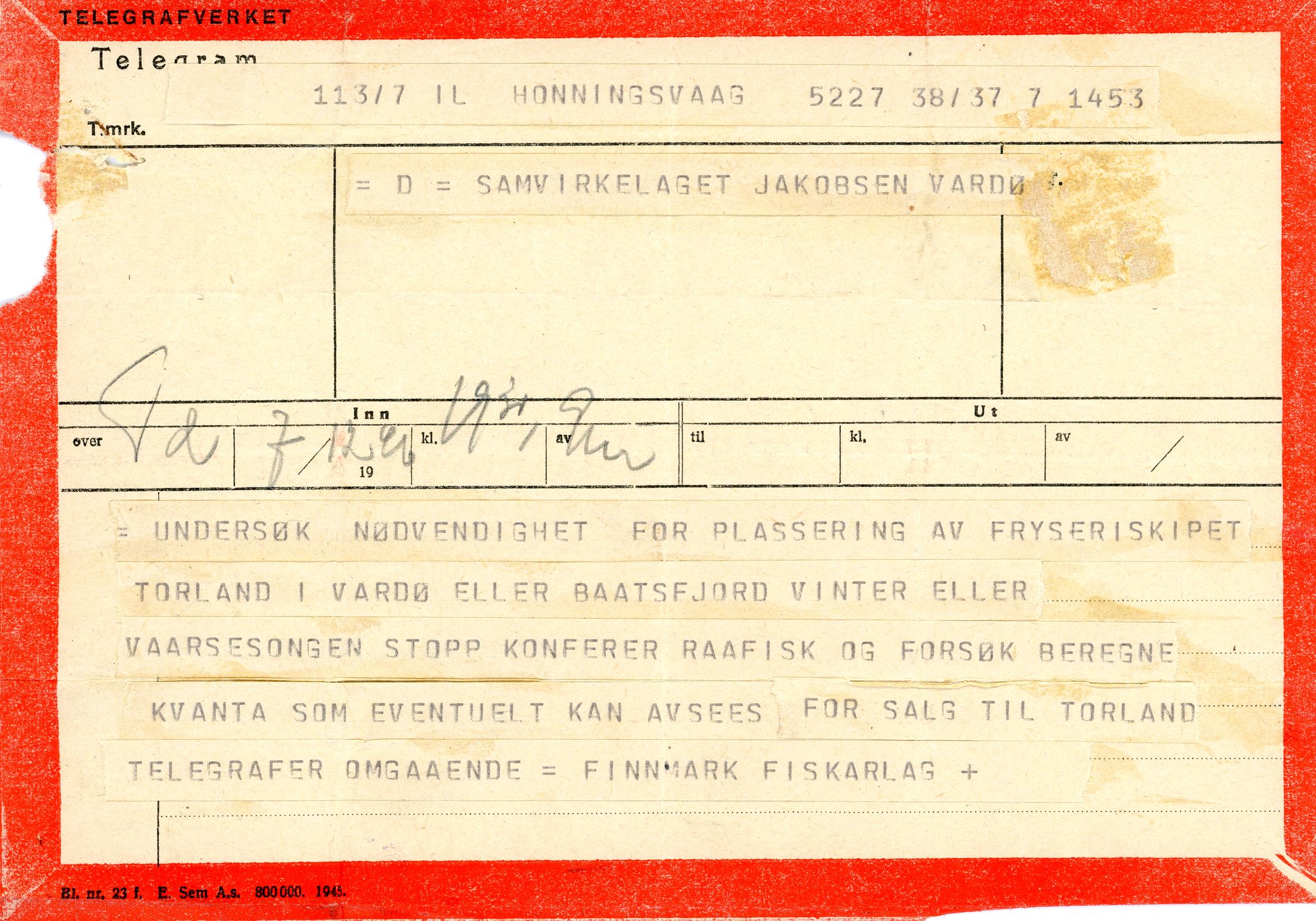 Vardø Fiskersamvirkelag, VAMU/A-0037/D/Da/L0002: Korrespondanse Er-Fi, 1946-1951