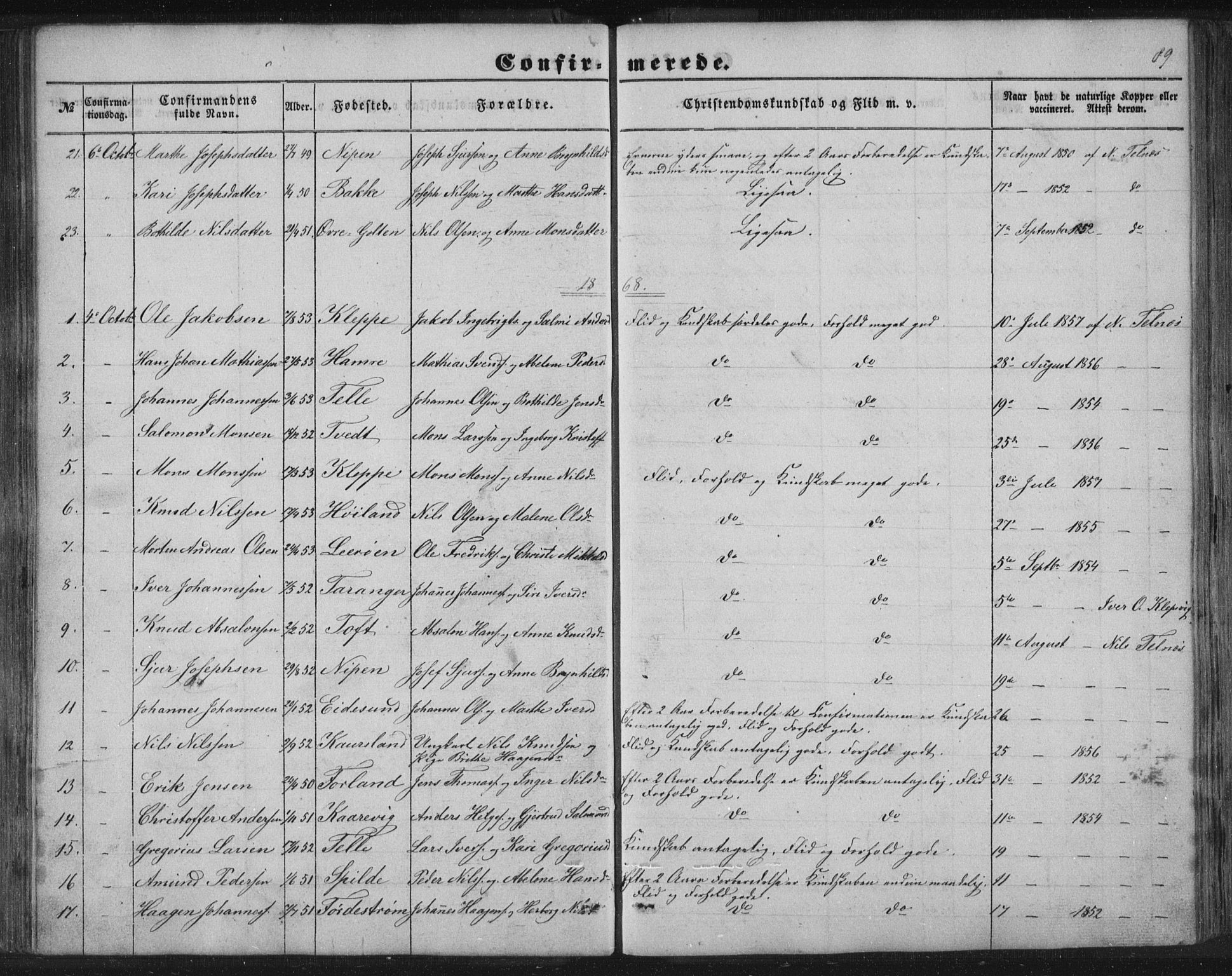 Sund sokneprestembete, SAB/A-99930: Parish register (copy) no. B 1, 1852-1873, p. 89