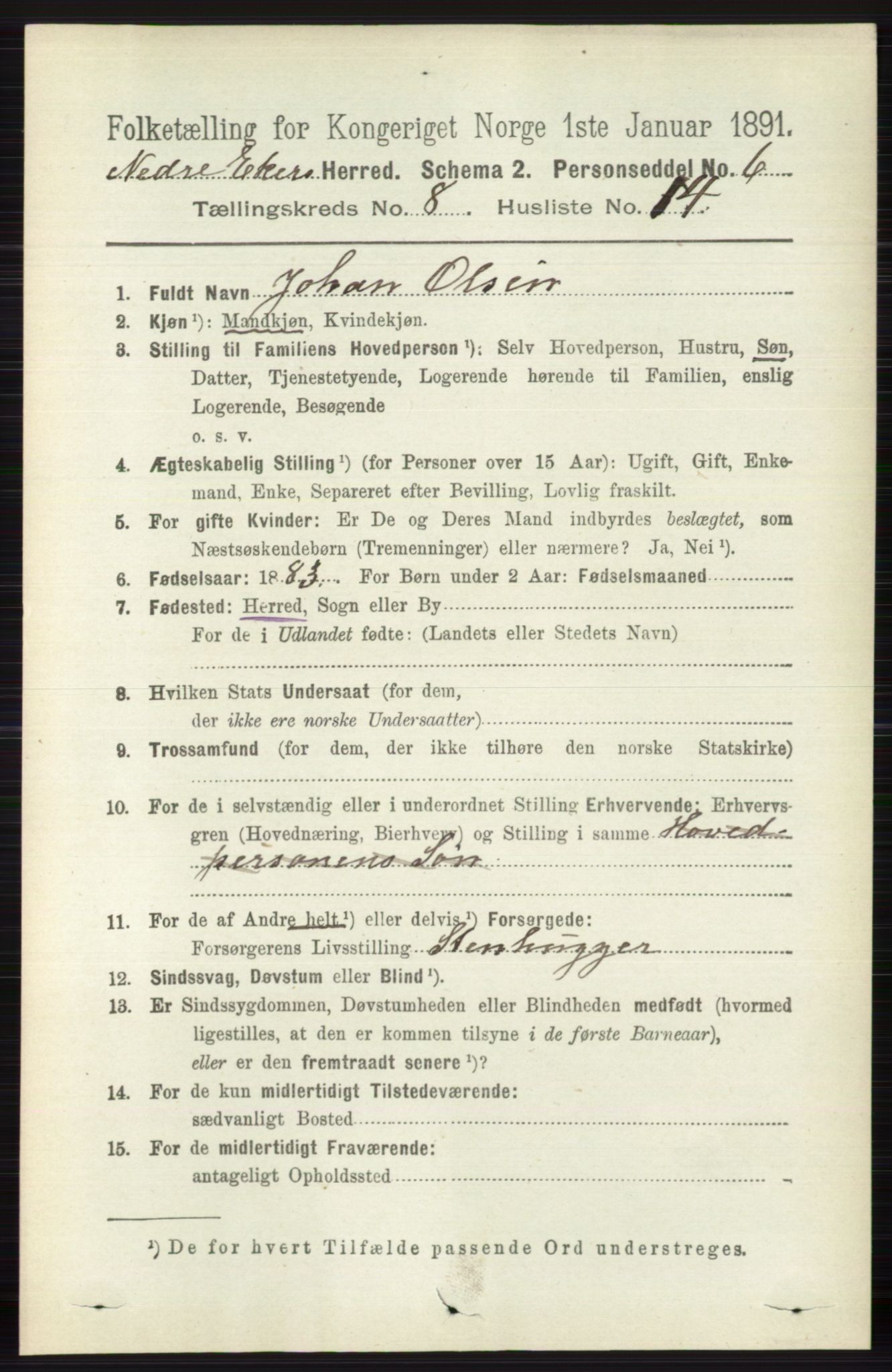 RA, 1891 census for 0625 Nedre Eiker, 1891, p. 4033